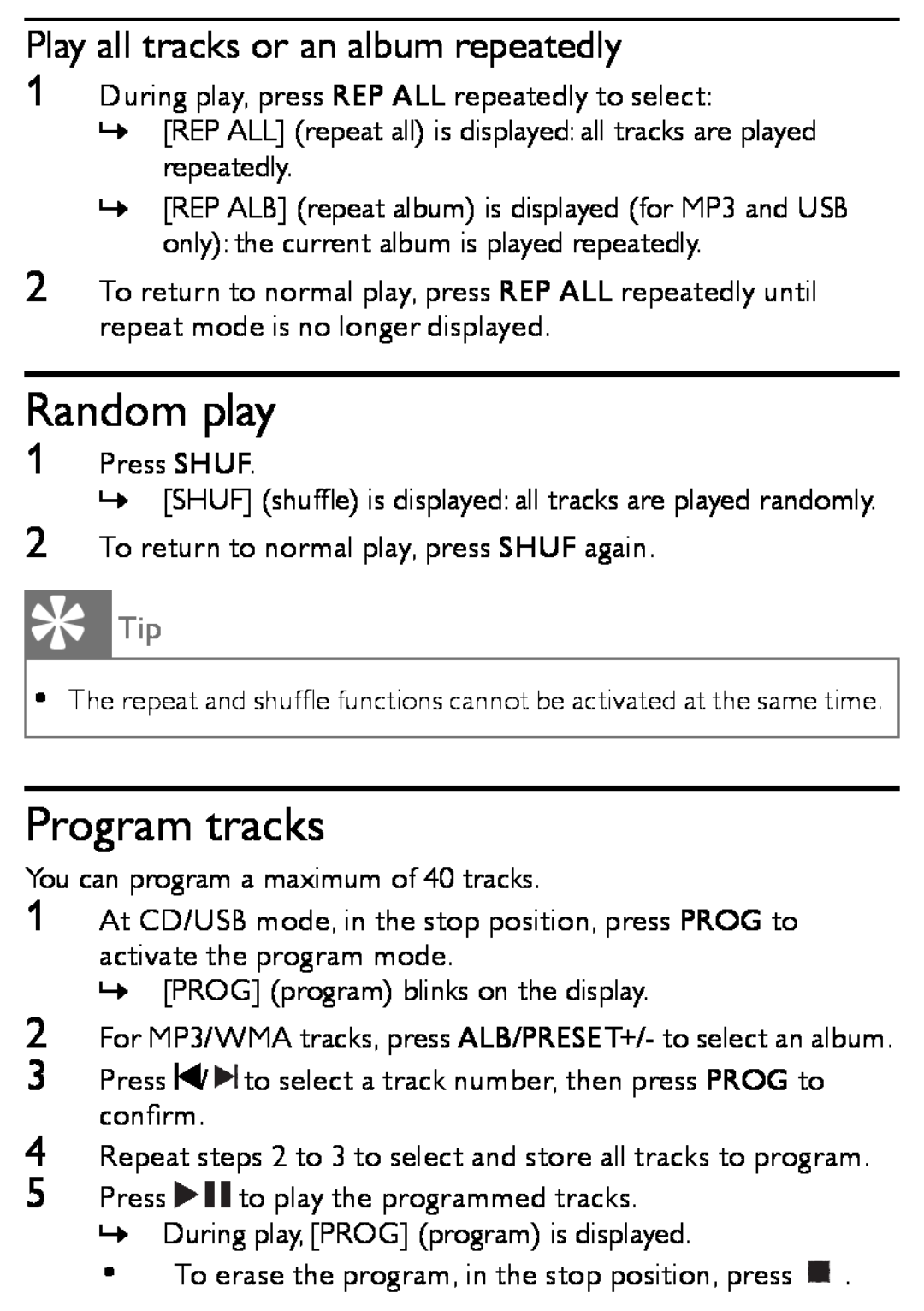 Philips MCM166 user manual Random play, Program tracks, Play all tracks or an album repeatedly 