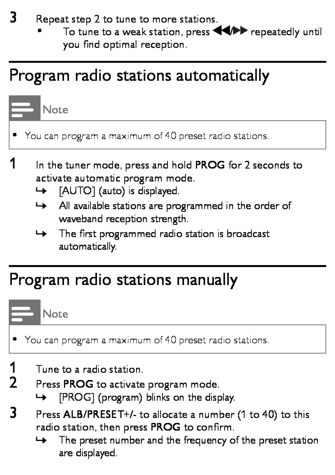 Philips MCM166 user manual Program radio stations automatically, Program radio stations manually 