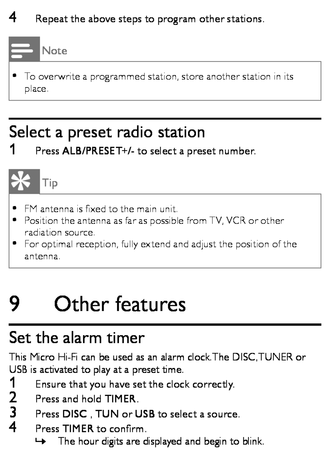 Philips MCM166 user manual Other features, Select a preset radio station, Set the alarm timer 