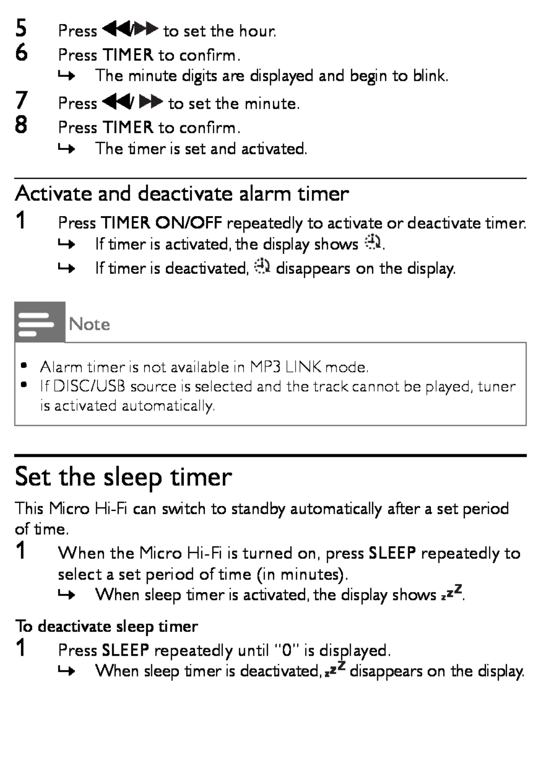 Philips MCM166 user manual Set the sleep timer, Activate and deactivate alarm timer 