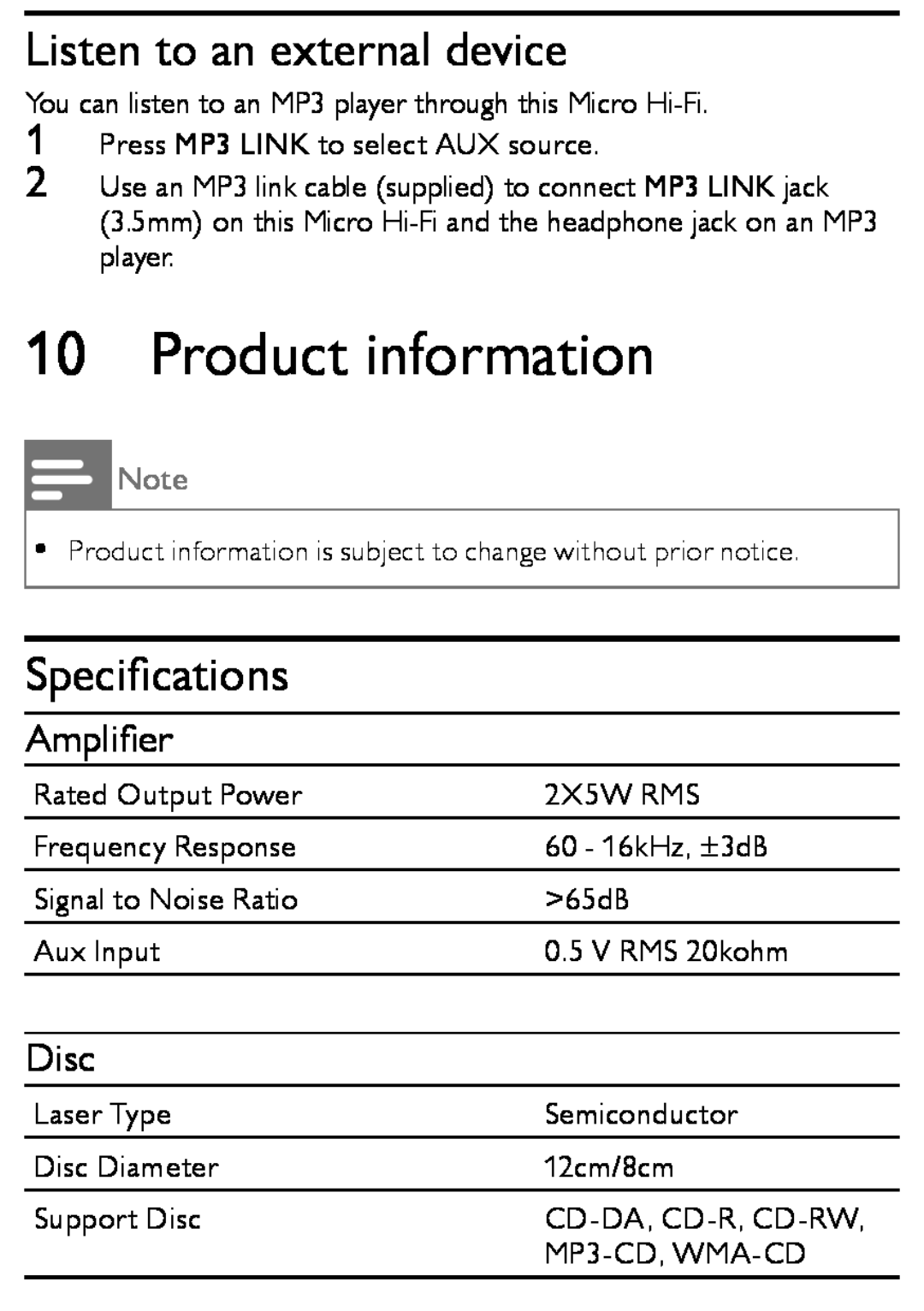 Philips MCM166 user manual Product information, Listen to an external device, Speciﬁcations, Ampliﬁer, Disc 