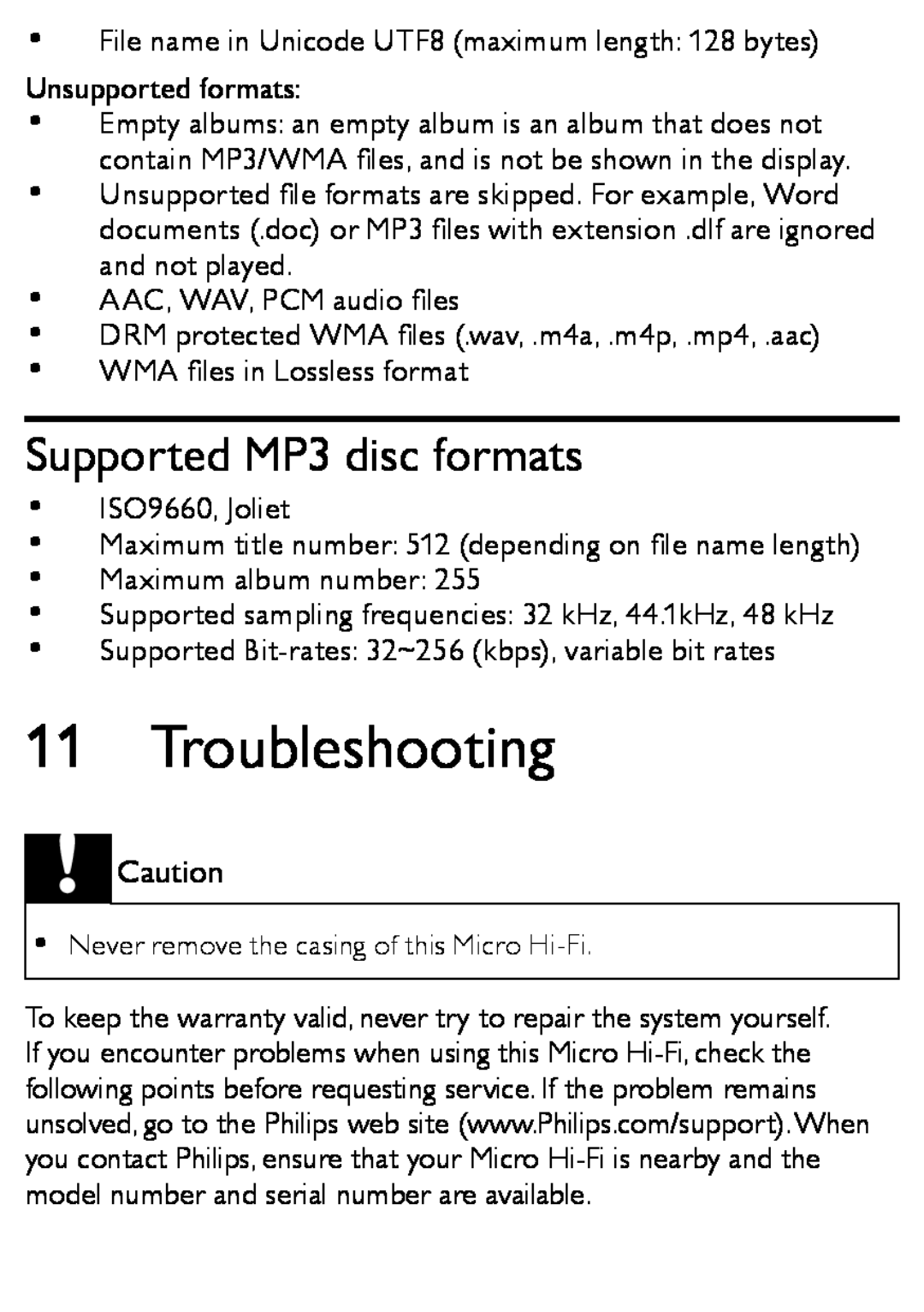 Philips MCM166 user manual Troubleshooting, Supported MP3 disc formats 