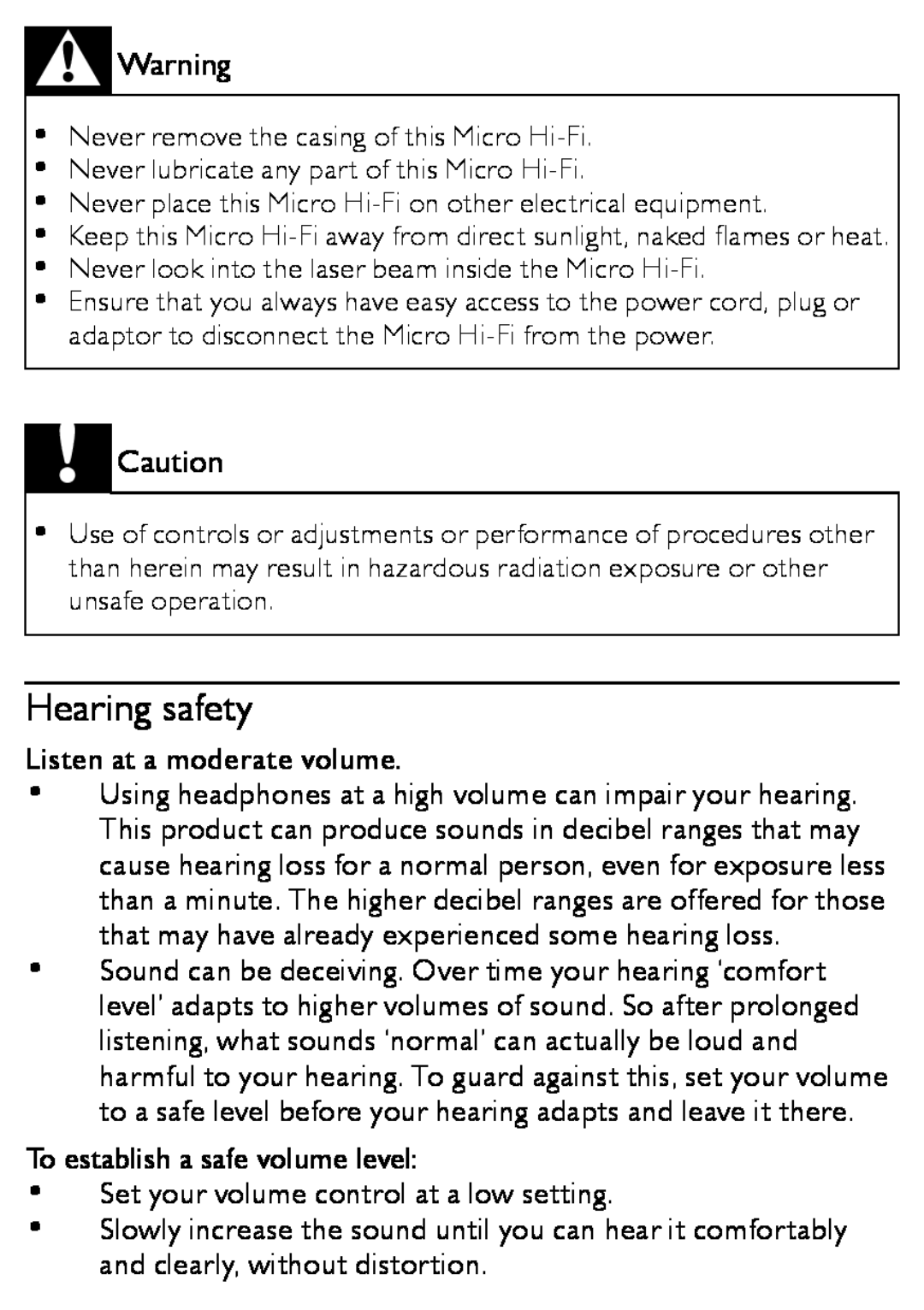 Philips MCM166 user manual Hearing safety 