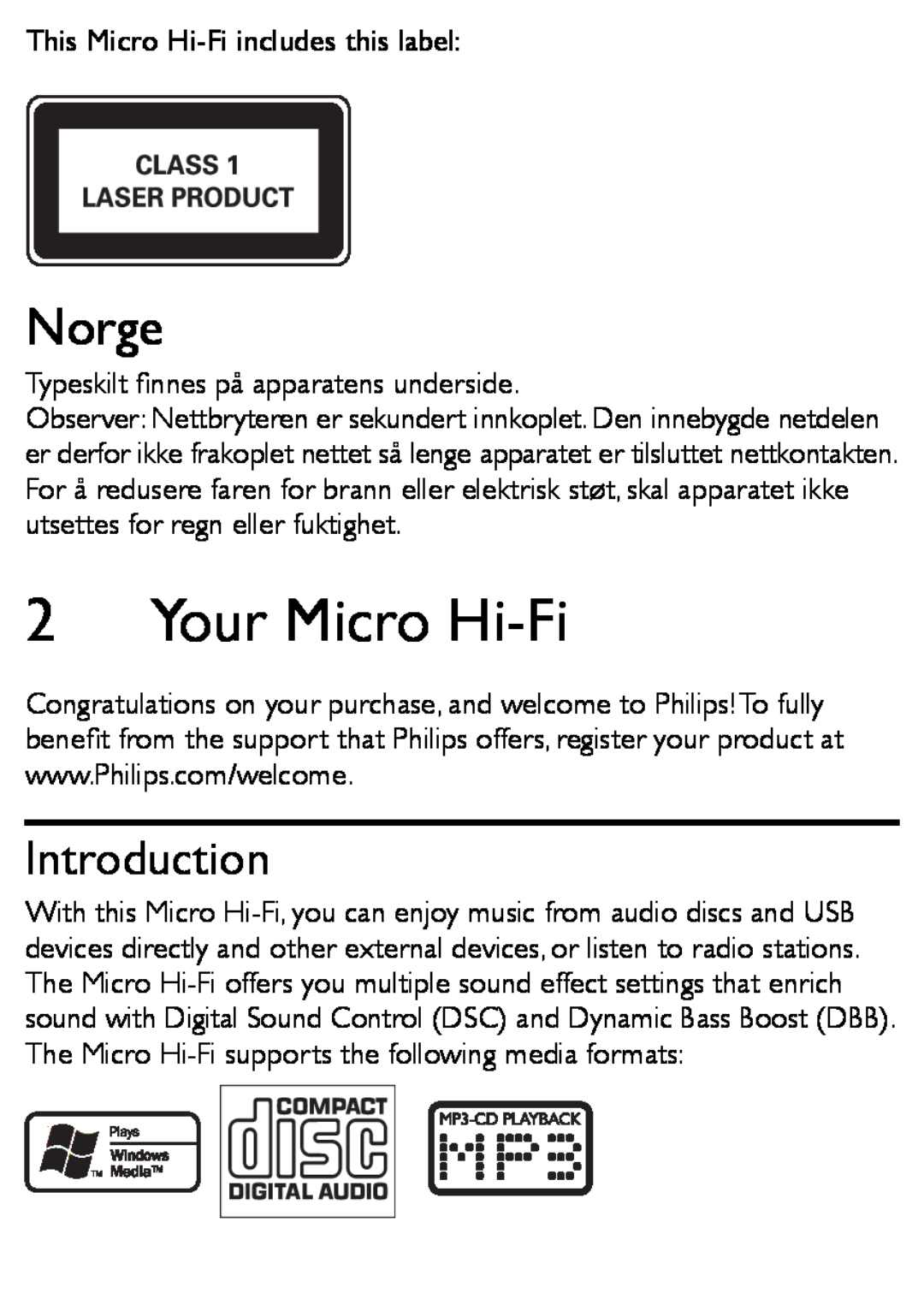 Philips MCM166 user manual Your Micro Hi-Fi, Introduction, Norge 