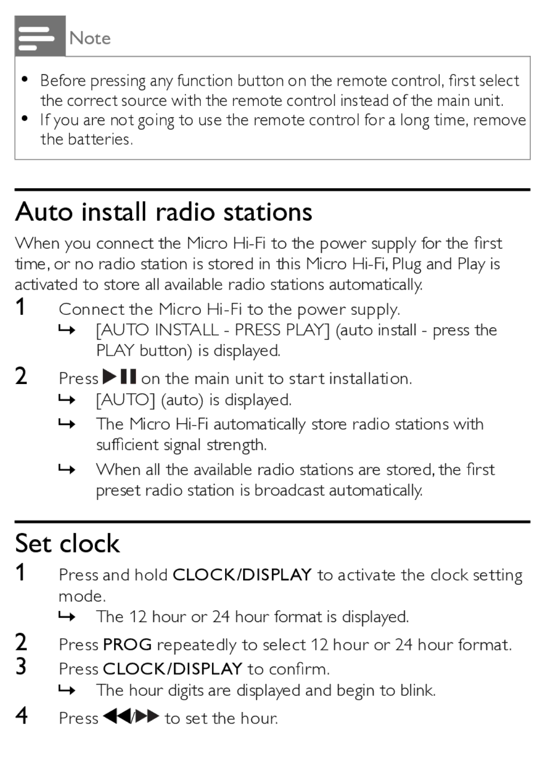 Philips MCM166/12 user manual Auto install radio stations, Set clock 