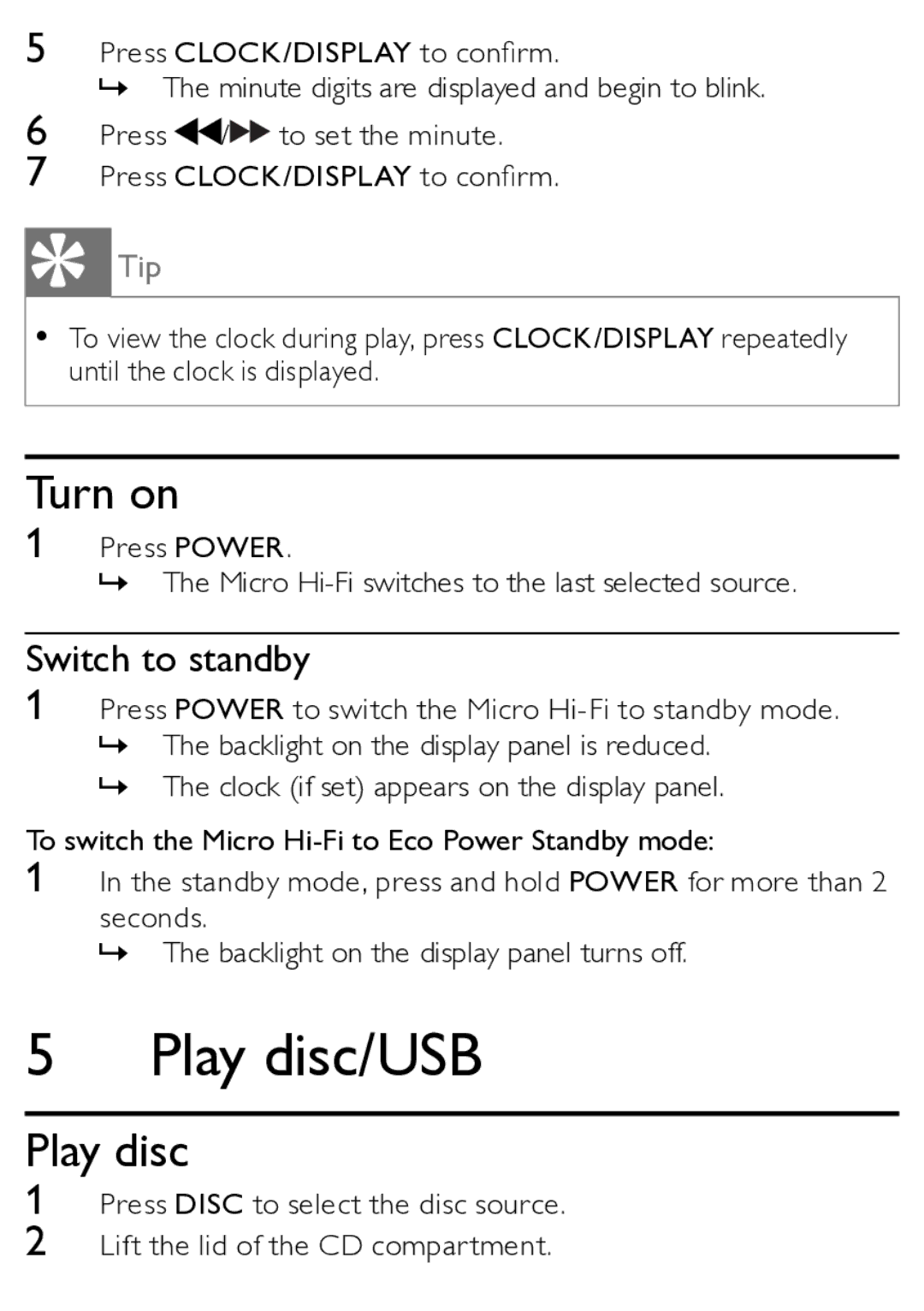 Philips MCM166/12 user manual Play disc/USB, Turn on, Switch to standby 