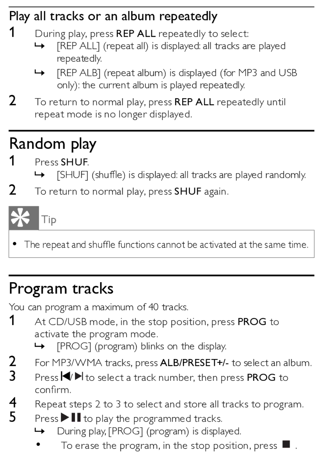 Philips MCM166/12 user manual Random play, Program tracks, Play all tracks or an album repeatedly 