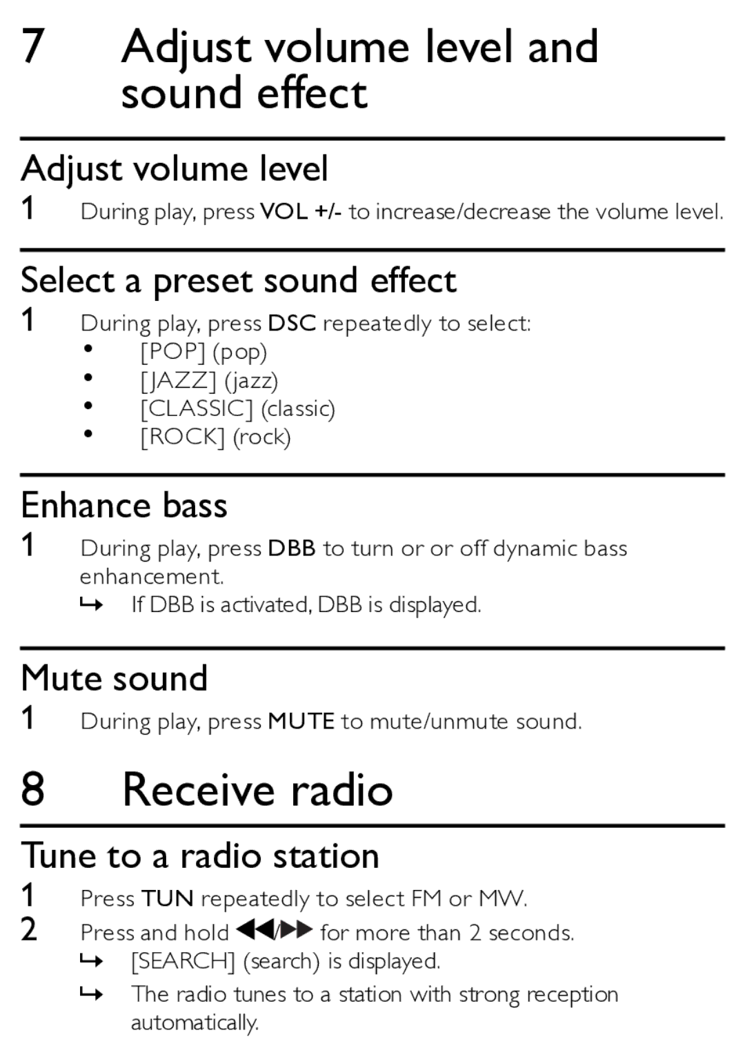 Philips MCM166/12 user manual Adjust volume level and sound effect, Receive radio 