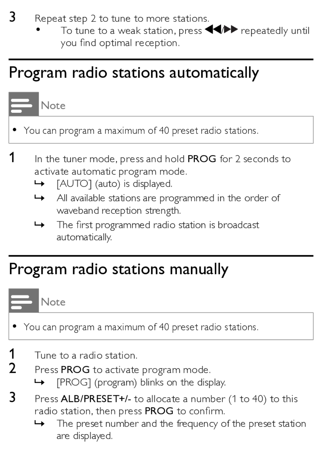 Philips MCM166/12 user manual Program radio stations automatically, Program radio stations manually 