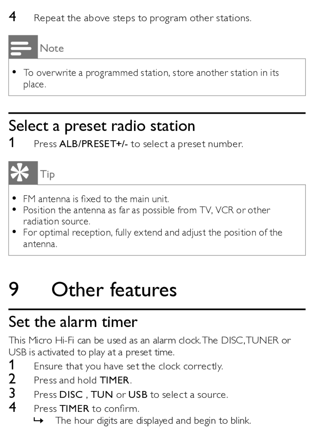 Philips MCM166/12 user manual Other features, Select a preset radio station, Set the alarm timer 