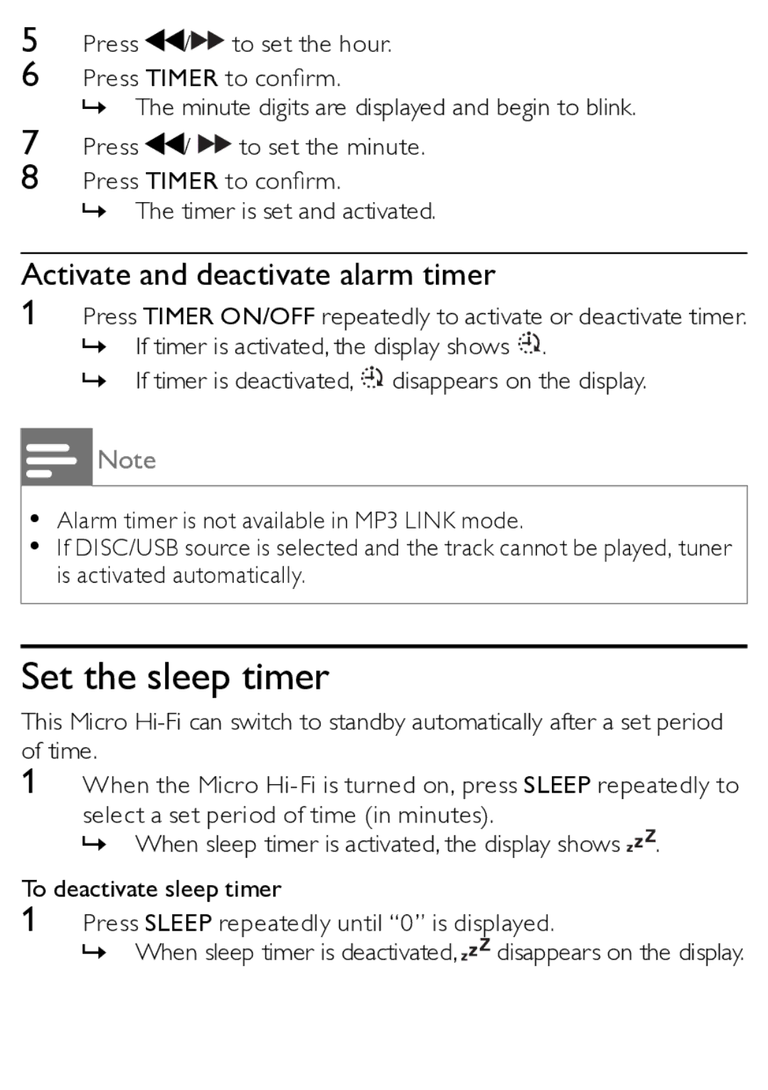 Philips MCM166/12 user manual Set the sleep timer, Activate and deactivate alarm timer 