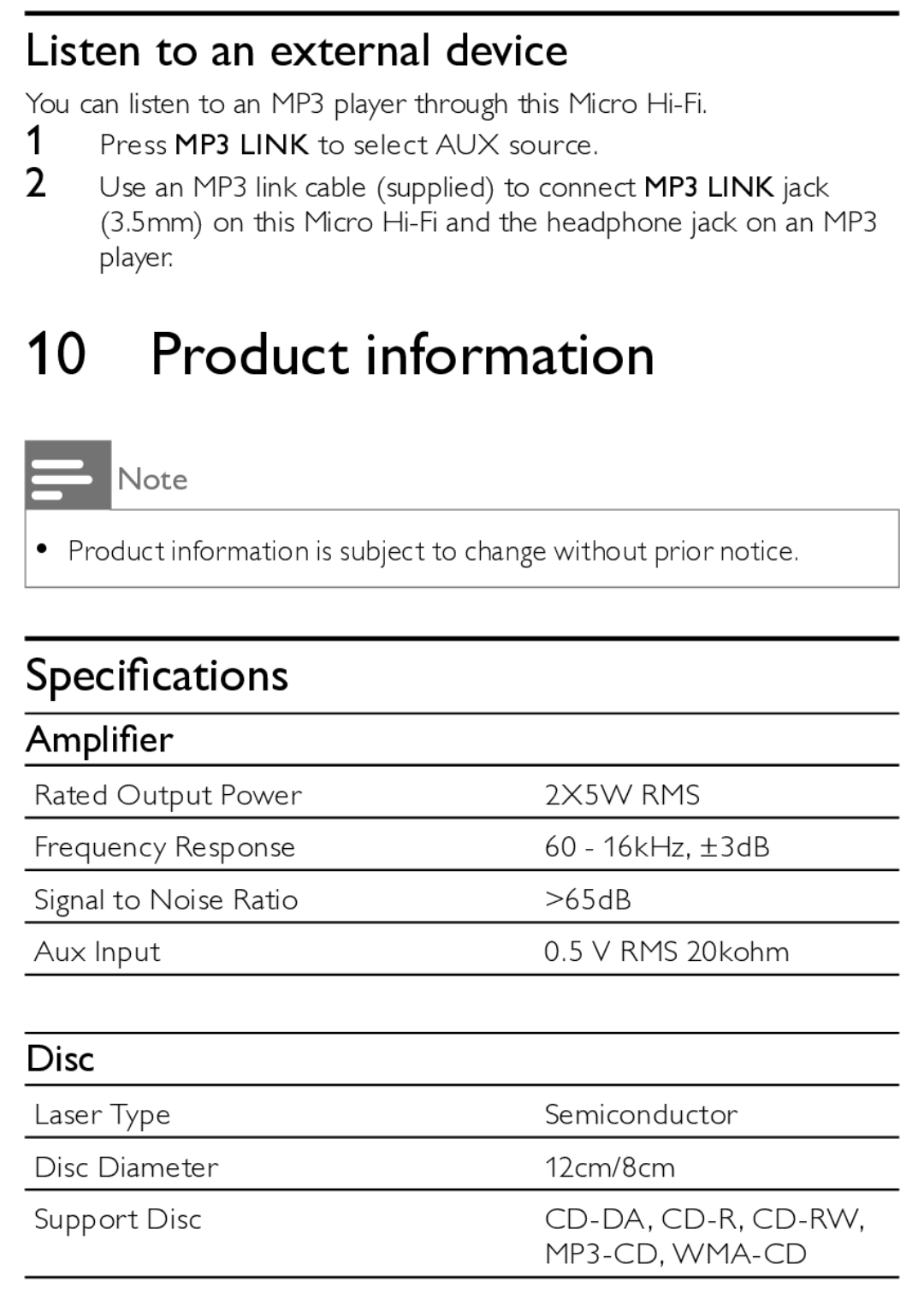 Philips MCM166/12 user manual Product information, Listen to an external device, Speciﬁcations, Ampliﬁer, Disc 