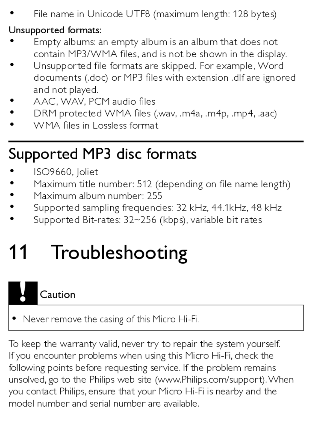 Philips MCM166/12 user manual Troubleshooting, Supported MP3 disc formats 