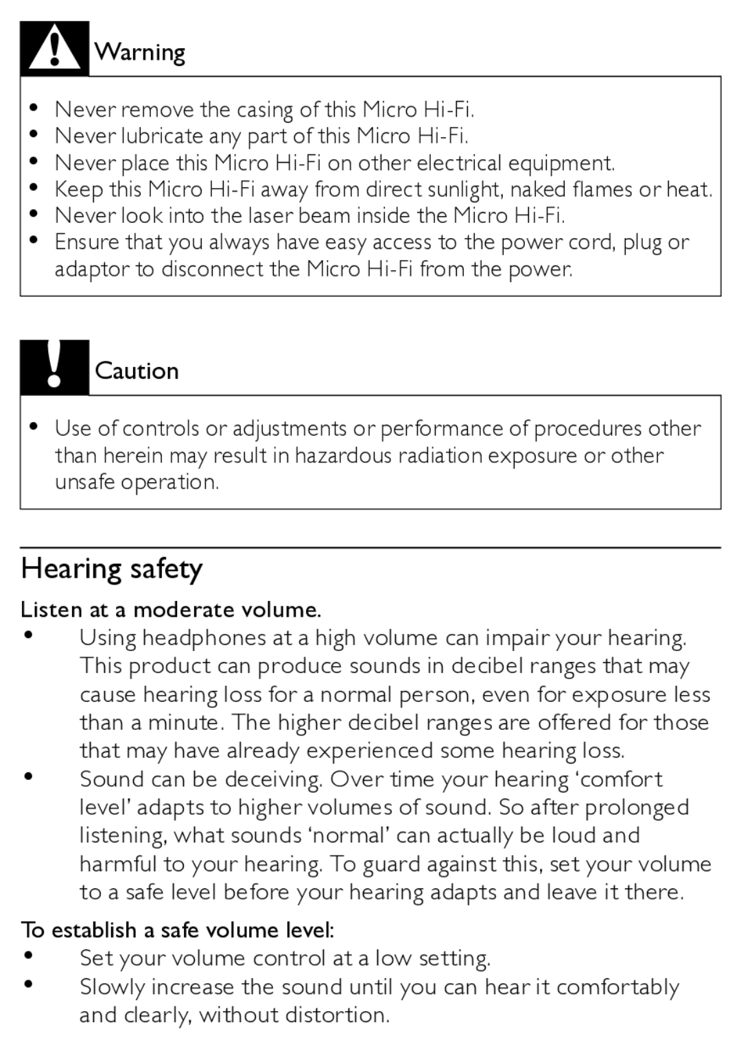 Philips MCM166/12 user manual Hearing safety, Never look into the laser beam inside the Micro Hi-Fi 