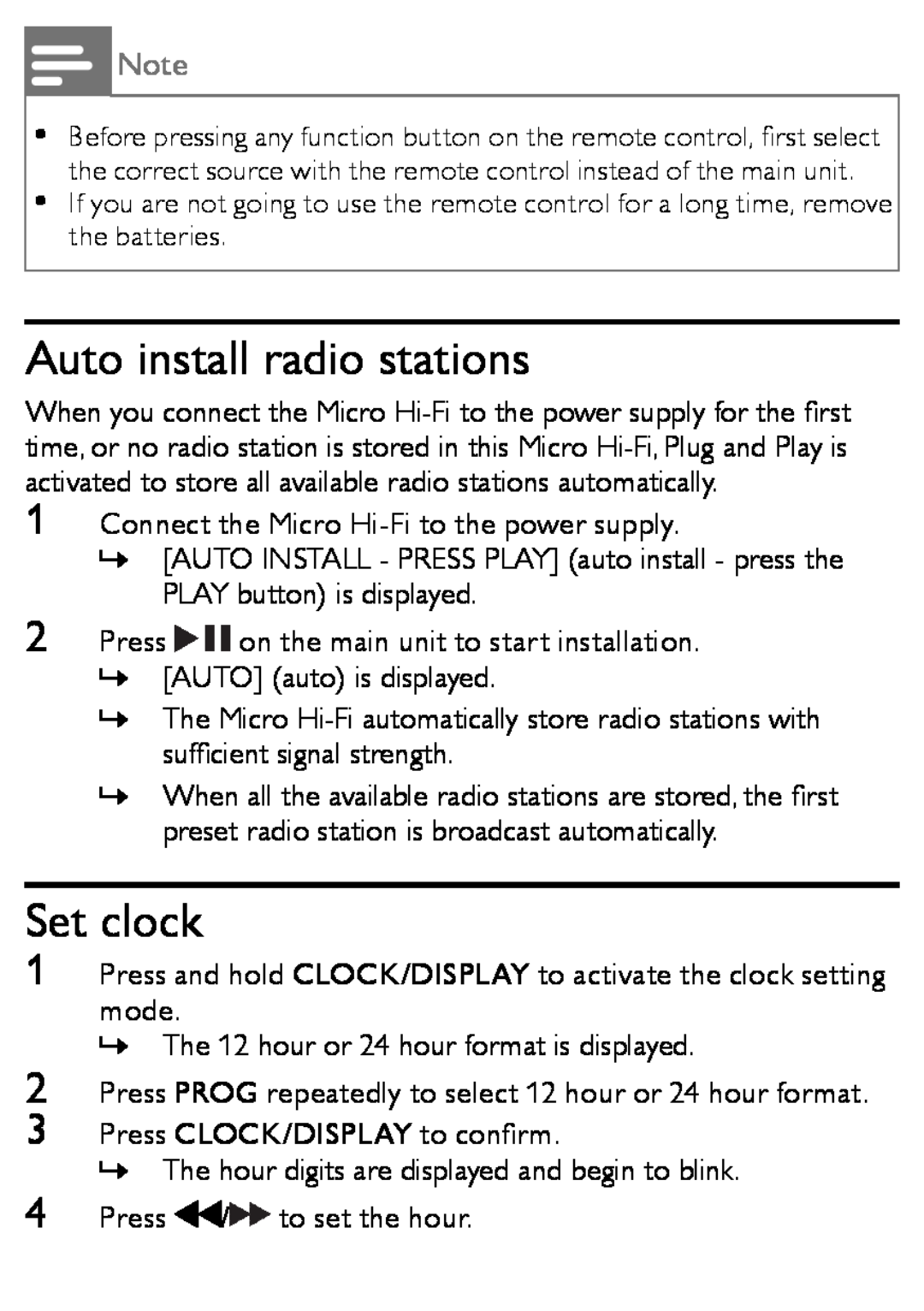 Philips MCM166/12 user manual Auto install radio stations, Set clock 