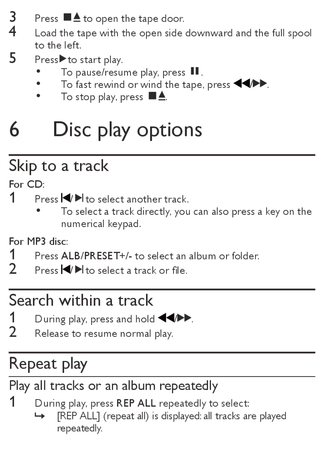 Philips MCM167 user manual Disc play options, Skip to a track, Search within a track, Repeat play 