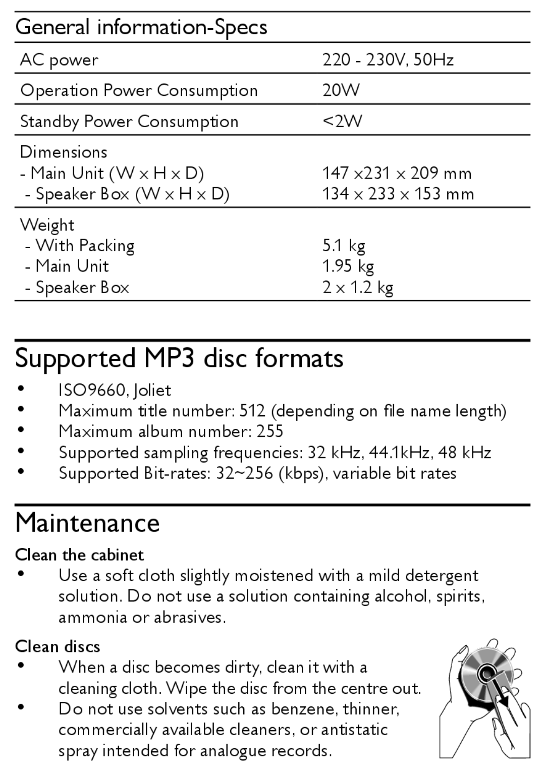 Philips MCM167 user manual Supported MP3 disc formats, Maintenance, General information-Specs 