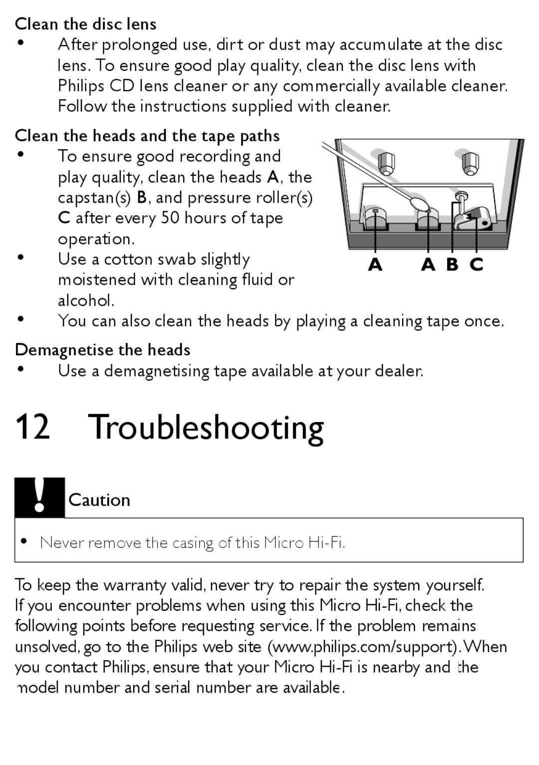 Philips MCM167 user manual Troubleshooting, Clean the disc lens 