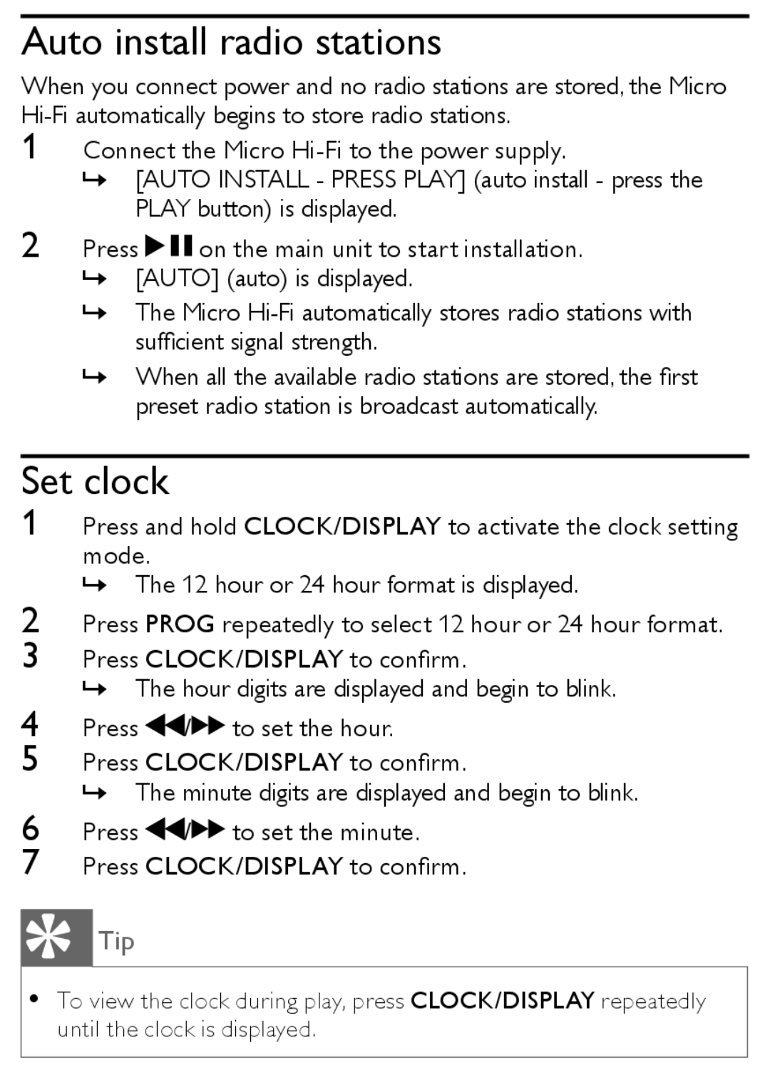 Philips MCM167 user manual Auto install radio stations, Set clock 