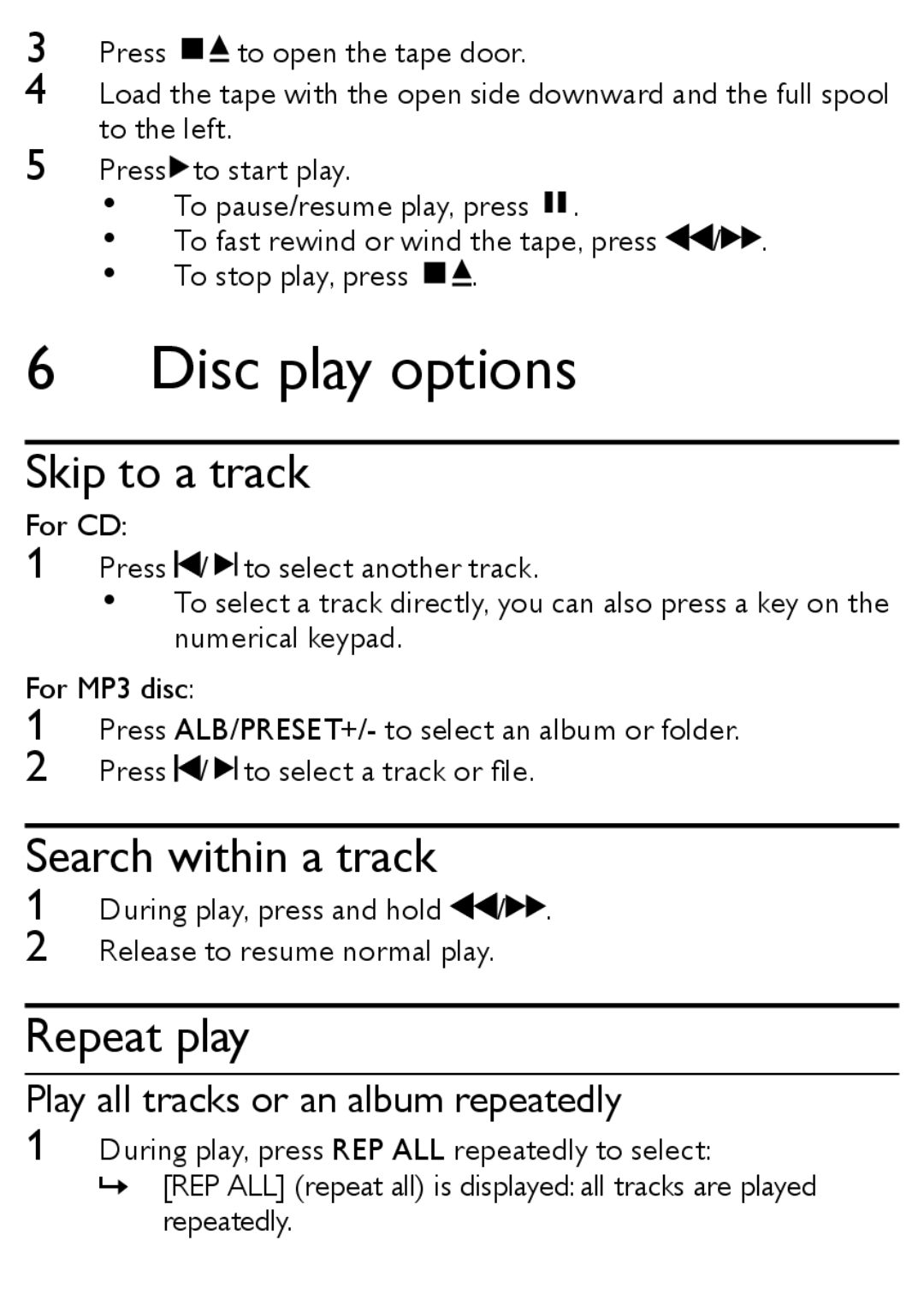 Philips MCM167 user manual 6Disc play options, Skip to a track, Search within a track, Repeat play 