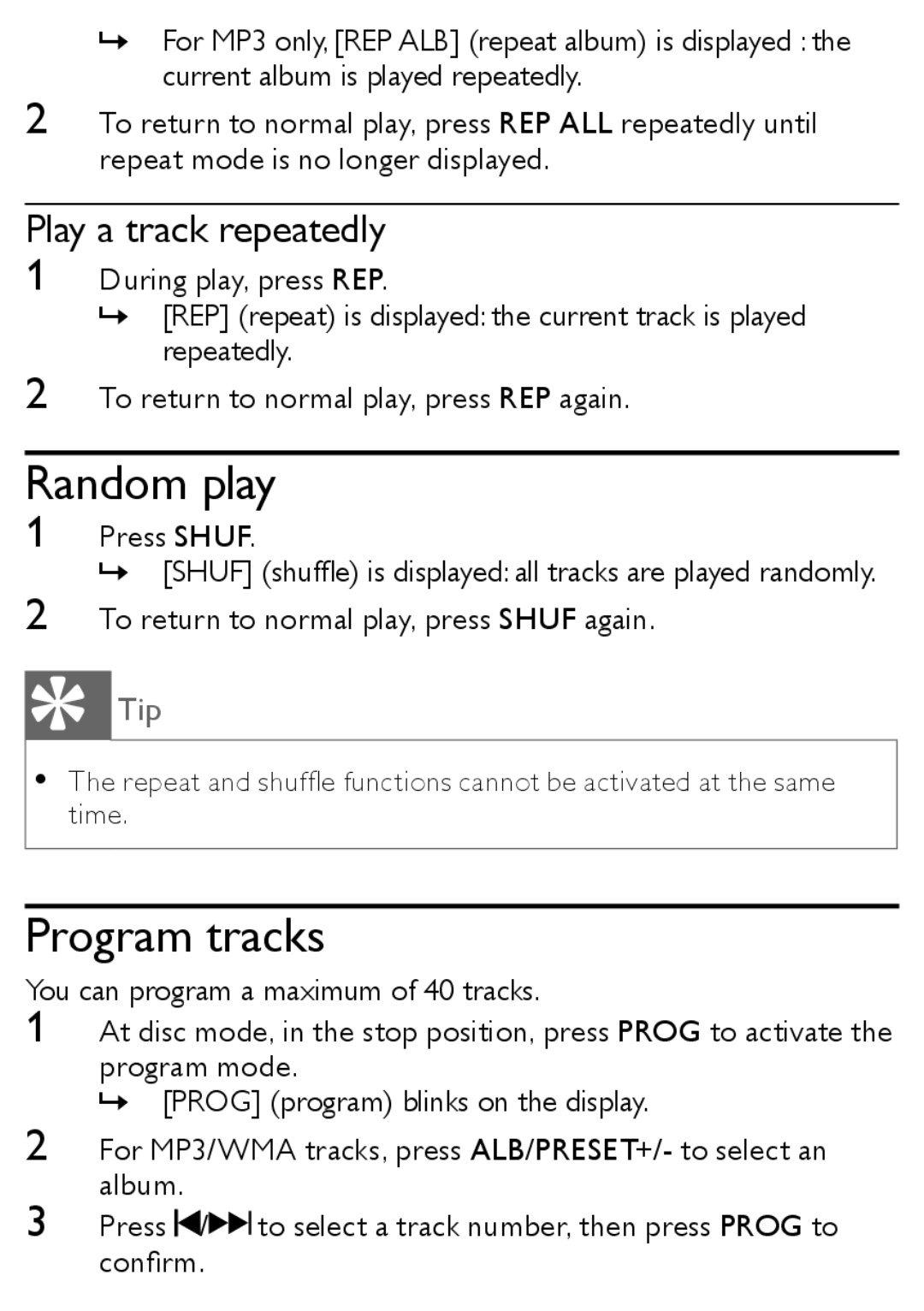Philips MCM167 user manual Random play, Program tracks, Play a track repeatedly 