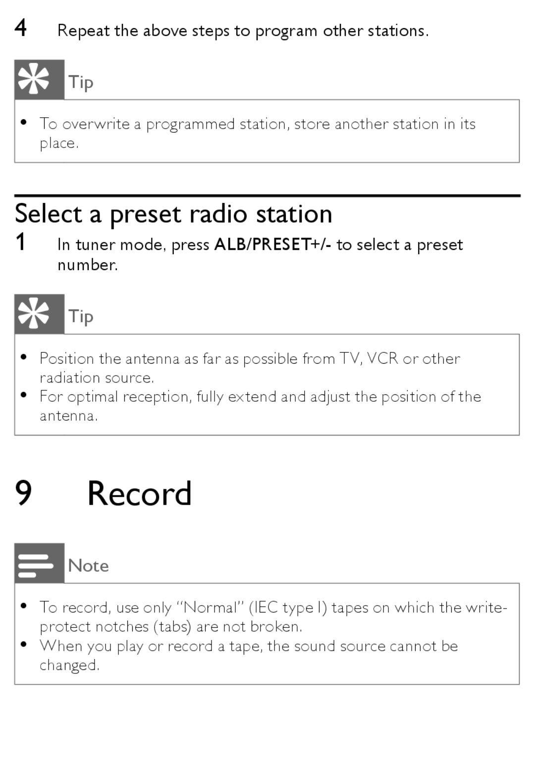 Philips MCM167 user manual Record, Select a preset radio station 