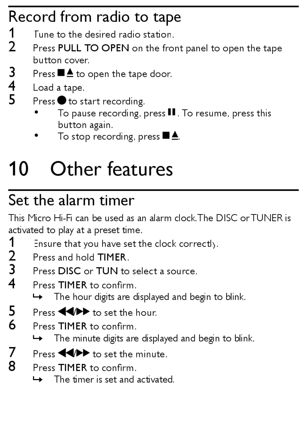 Philips MCM167 user manual Other features, Record from radio to tape, Set the alarm timer 