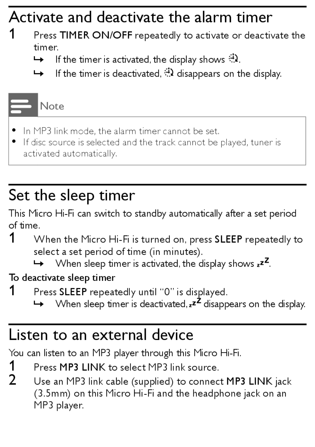 Philips MCM167 user manual Activate and deactivate the alarm timer, Set the sleep timer, Listen to an external device 