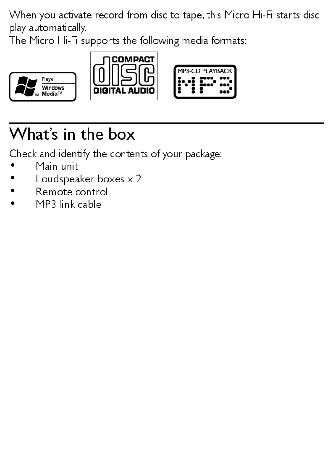 Philips MCM167 user manual What’s in the box, Check and identify the contents of your package, MP3 link cable 