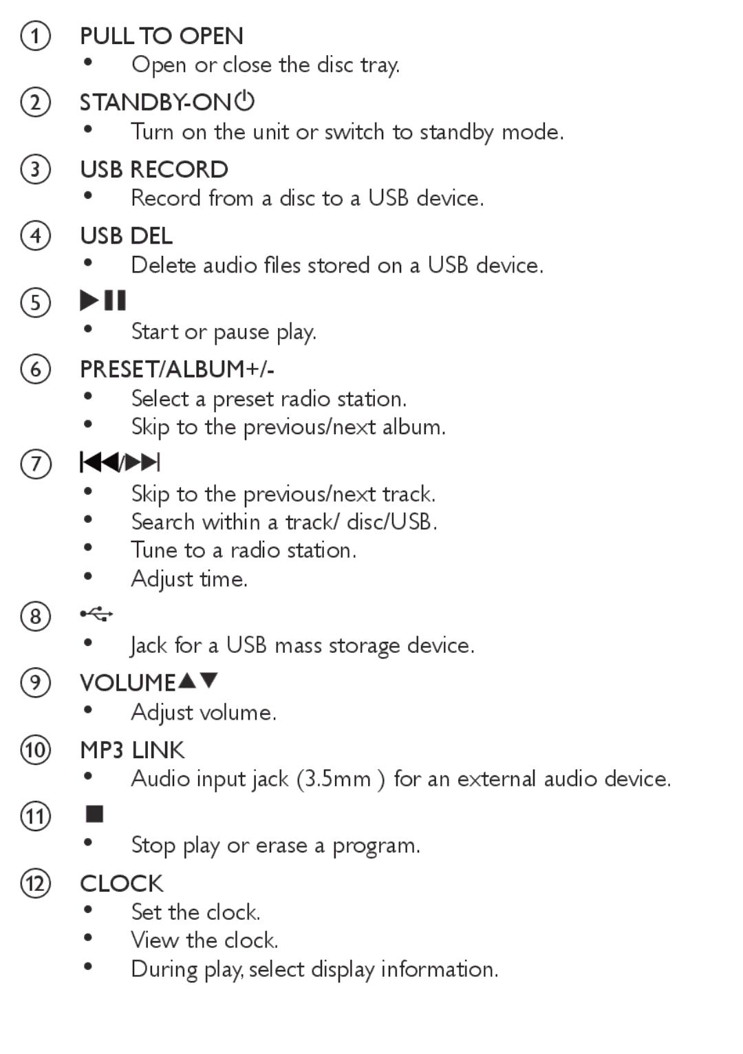 Philips MCM169 user manual Pull to Open, Standby-On, USB Record, Usb Del, Preset/Album+, Volume, MP3 Link, Clock 