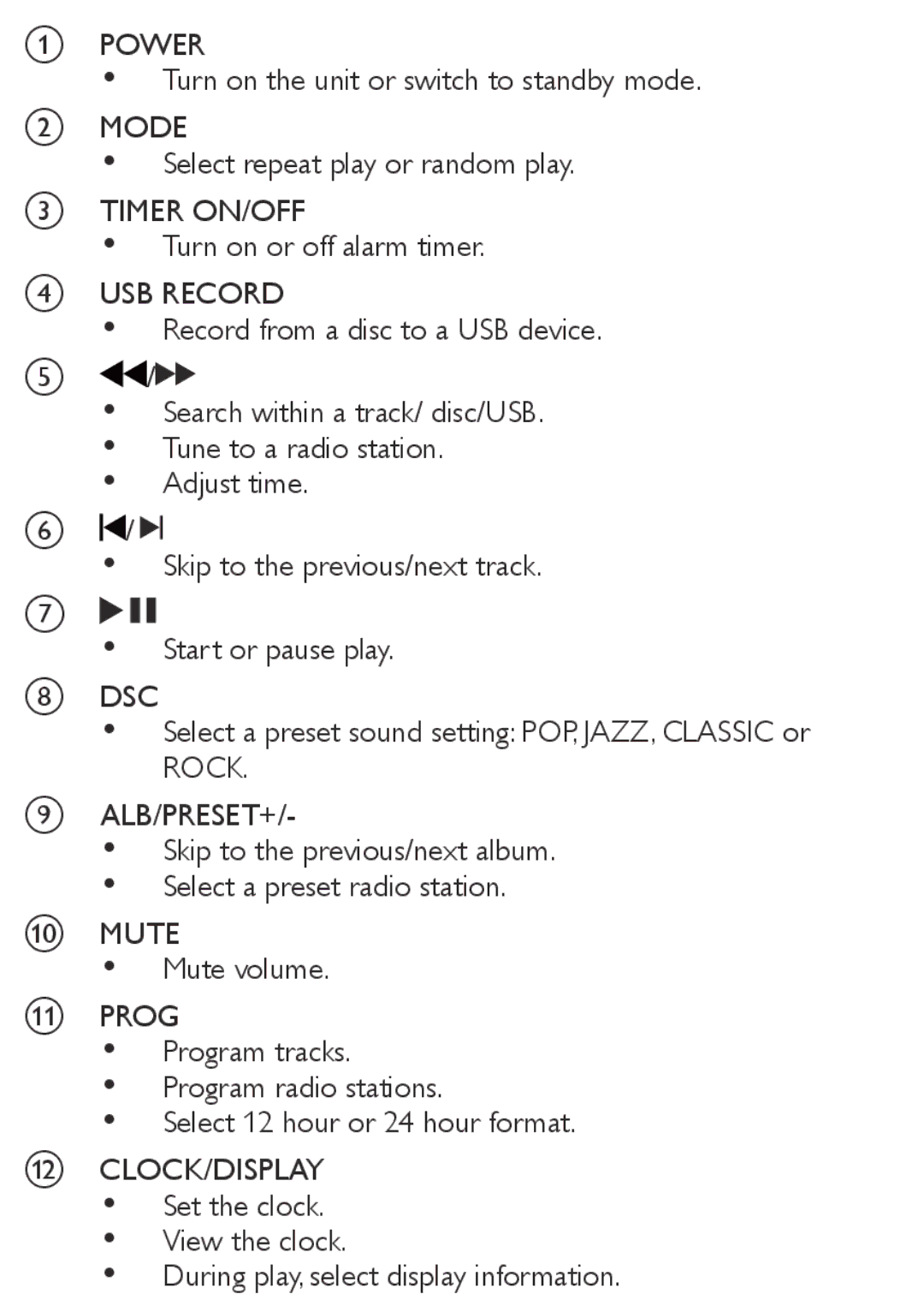 Philips MCM169 user manual Power, Mode, Timer ON/OFF, Dsc, Alb/Preset+, Mute, Clock/Display 