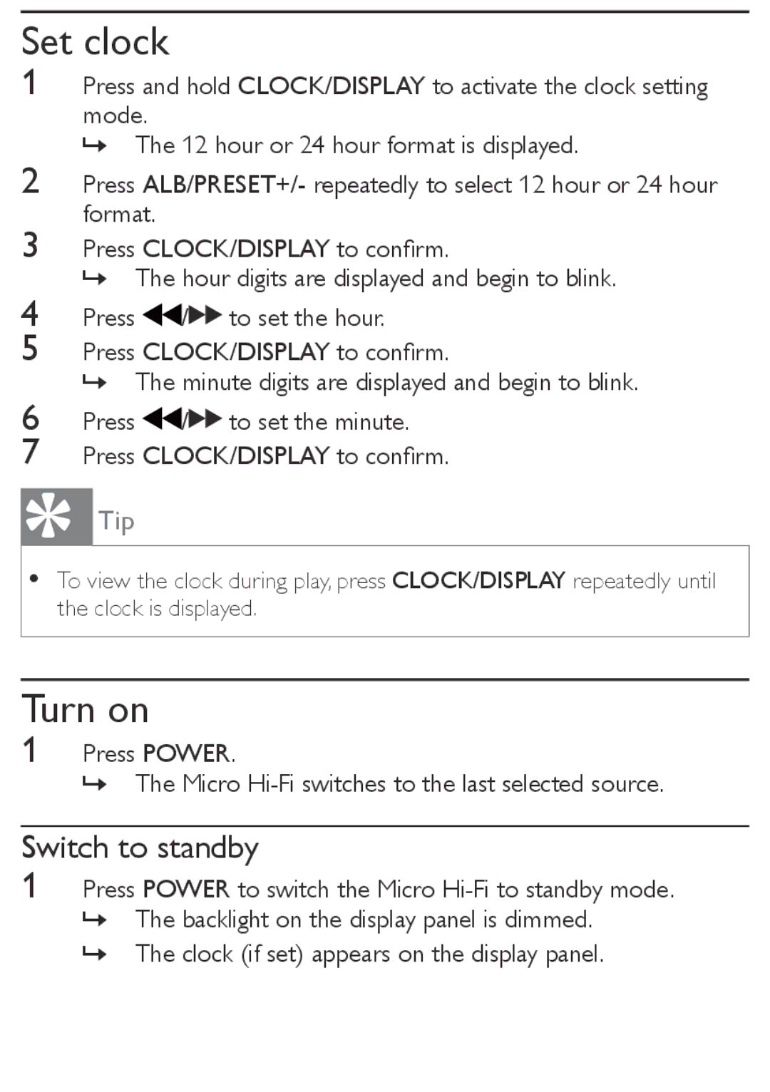 Philips MCM169 user manual Set clock, Turn on, Switch to standby 