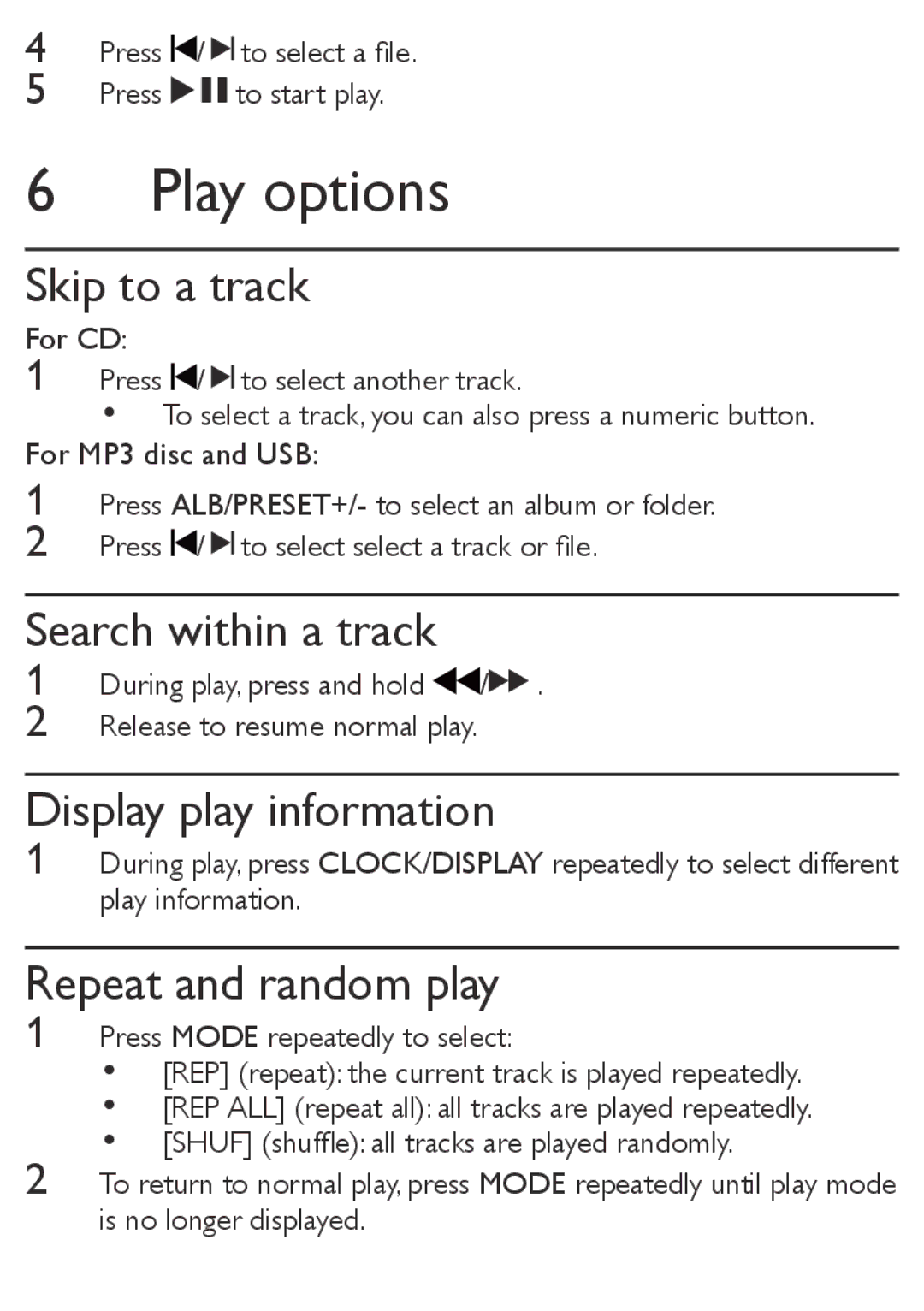 Philips MCM169 Play options, Skip to a track, Search within a track, Display play information, Repeat and random play 