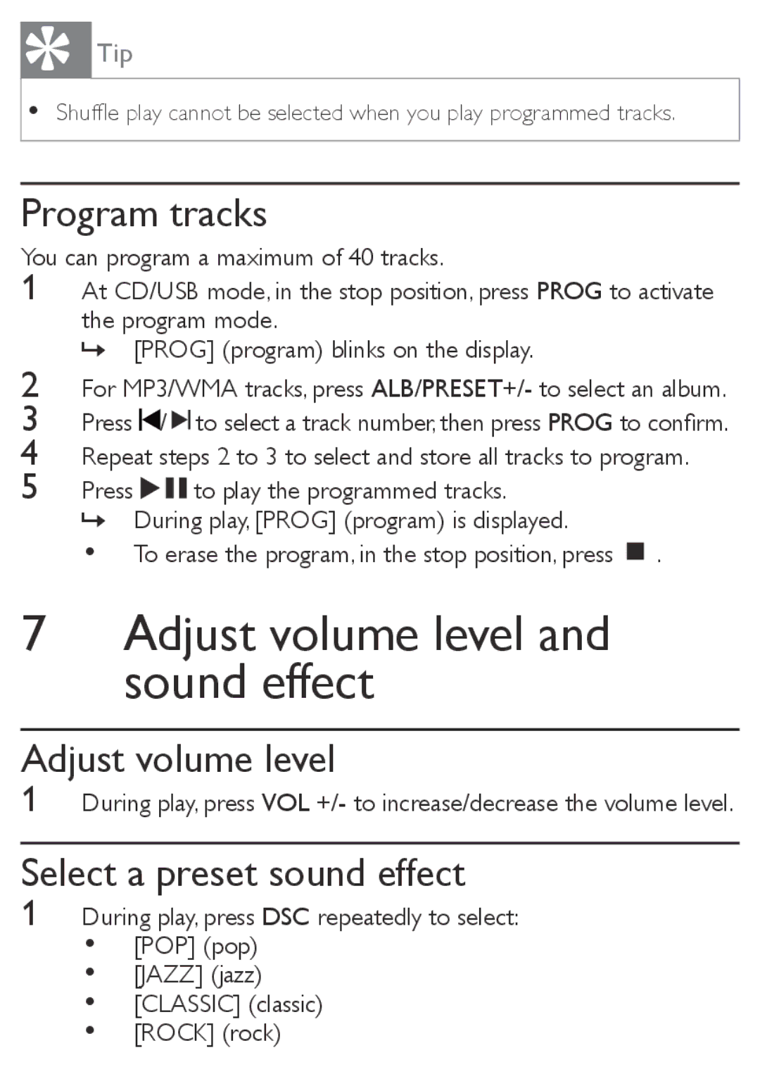 Philips MCM169 user manual Adjust volume level and sound effect, Program tracks, Select a preset sound effect 