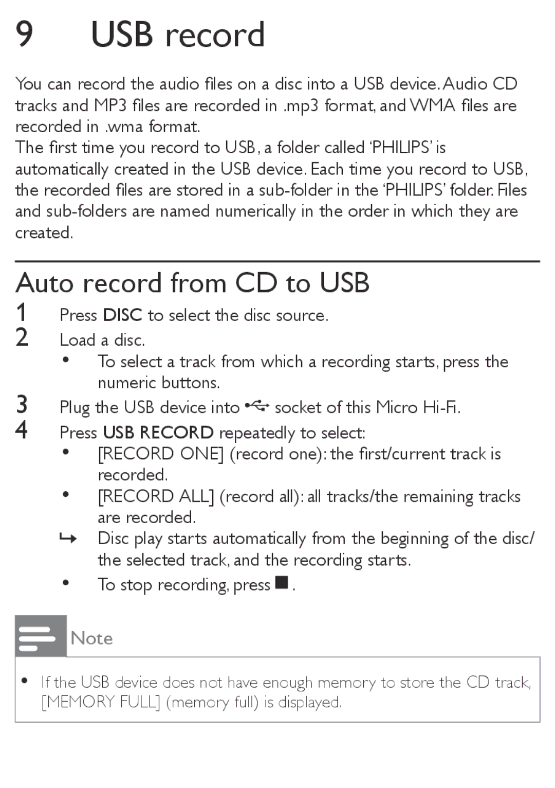 Philips MCM169 user manual USB record, Auto record from CD to USB 