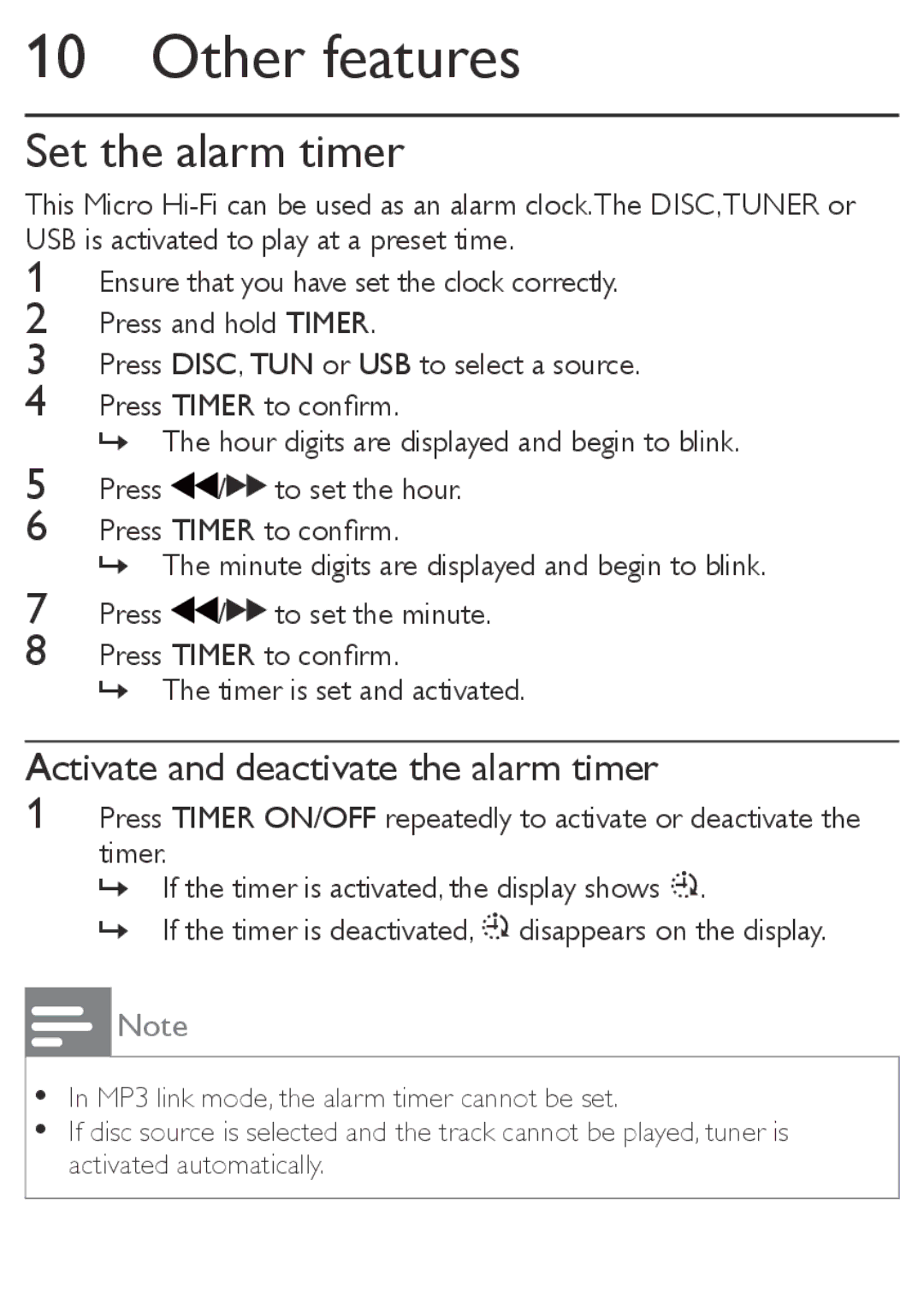 Philips MCM169 user manual Other features, Set the alarm timer, Activate and deactivate the alarm timer 