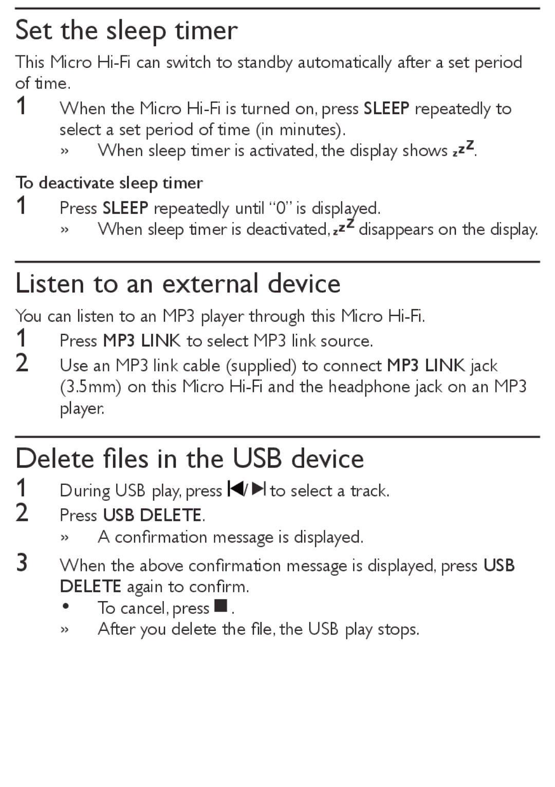 Philips MCM169 user manual Set the sleep timer, Listen to an external device, Delete files in the USB device 