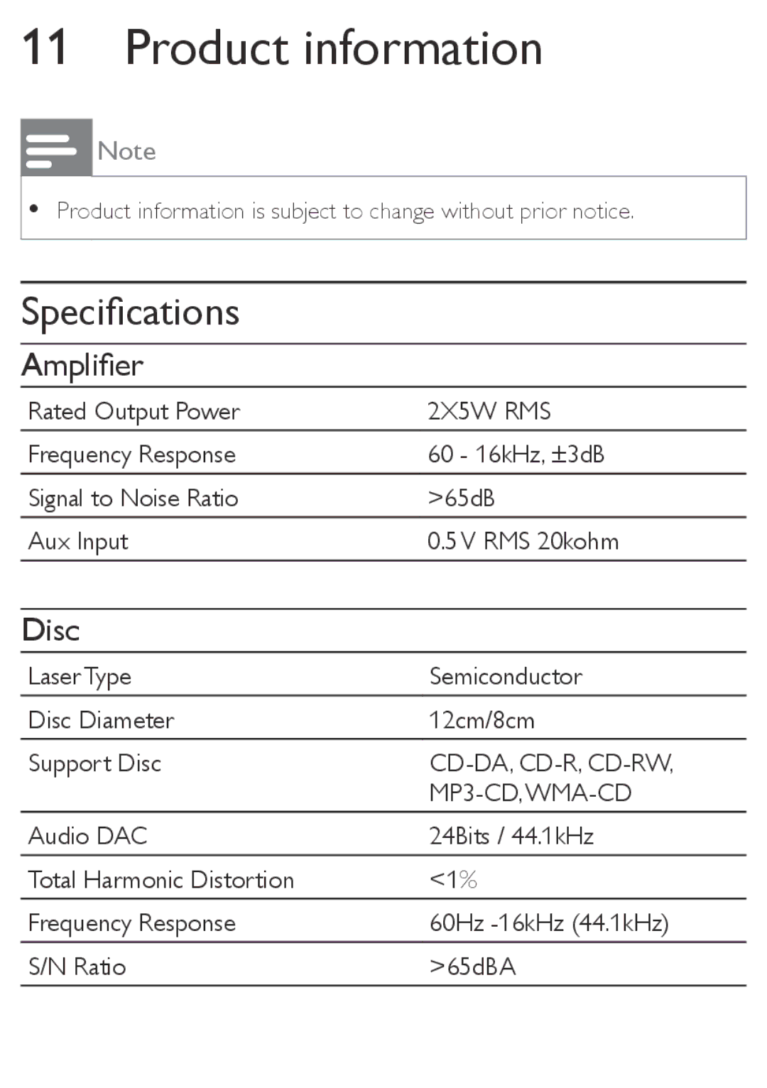 Philips MCM169 user manual Product information, Specifications, Amplifier, Disc 