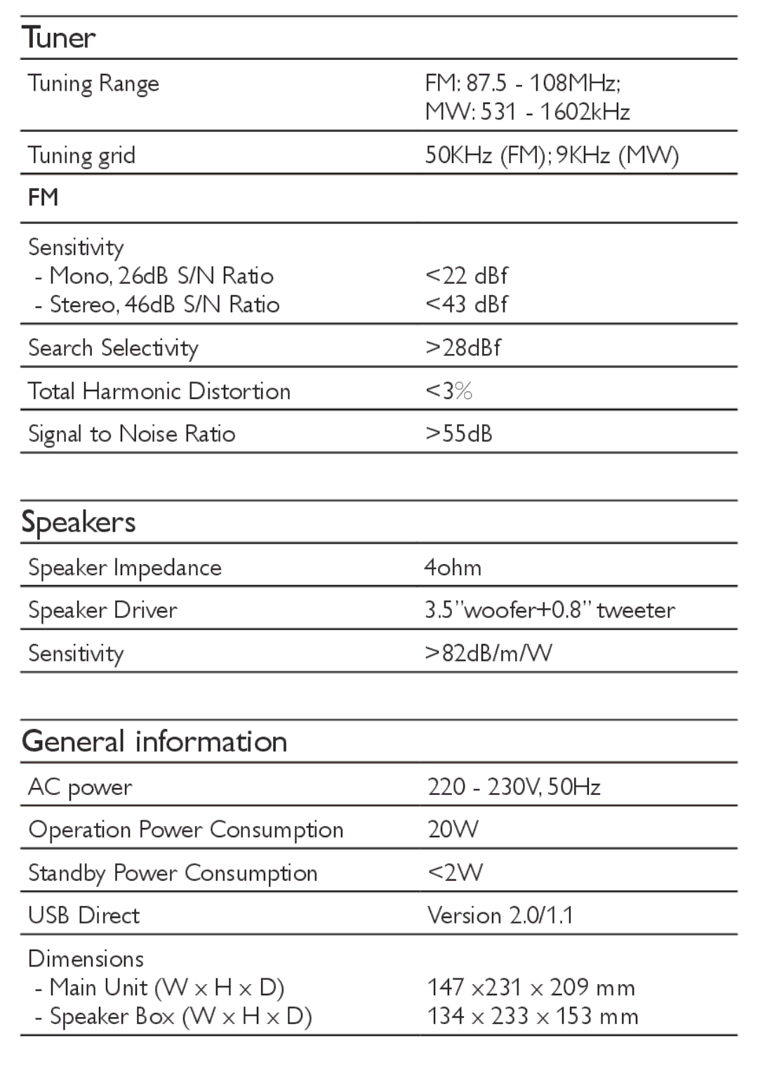 Philips MCM169 user manual Tuner, Speakers, General information 