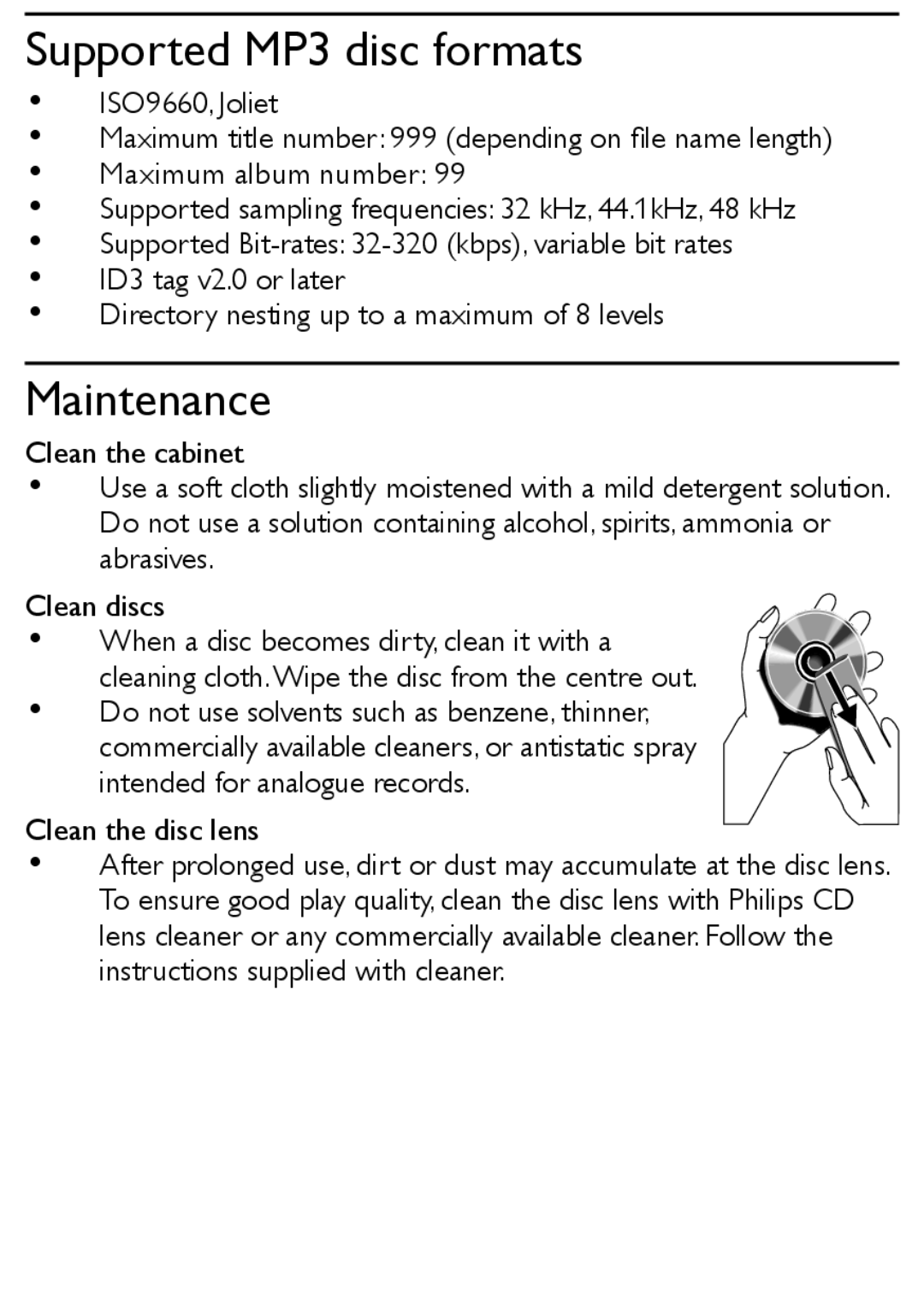 Philips MCM169 user manual Supported MP3 disc formats, Maintenance 