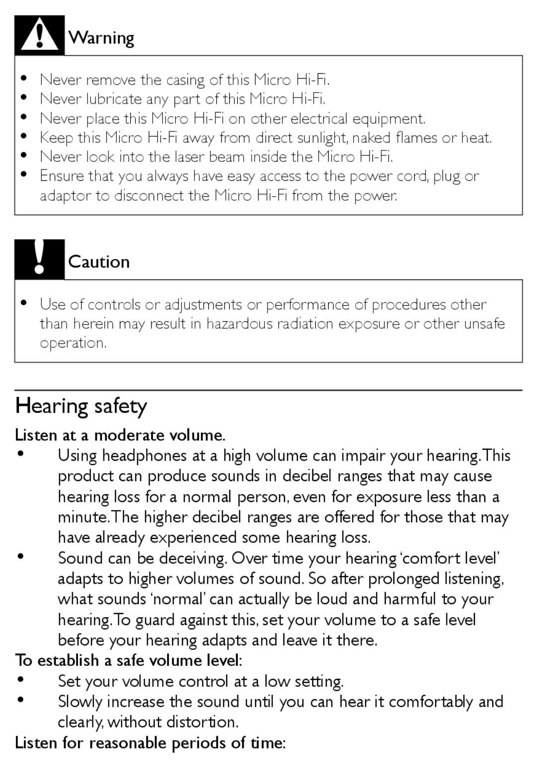 Philips MCM169 user manual Hearing safety, Never look into the laser beam inside the Micro Hi-Fi 