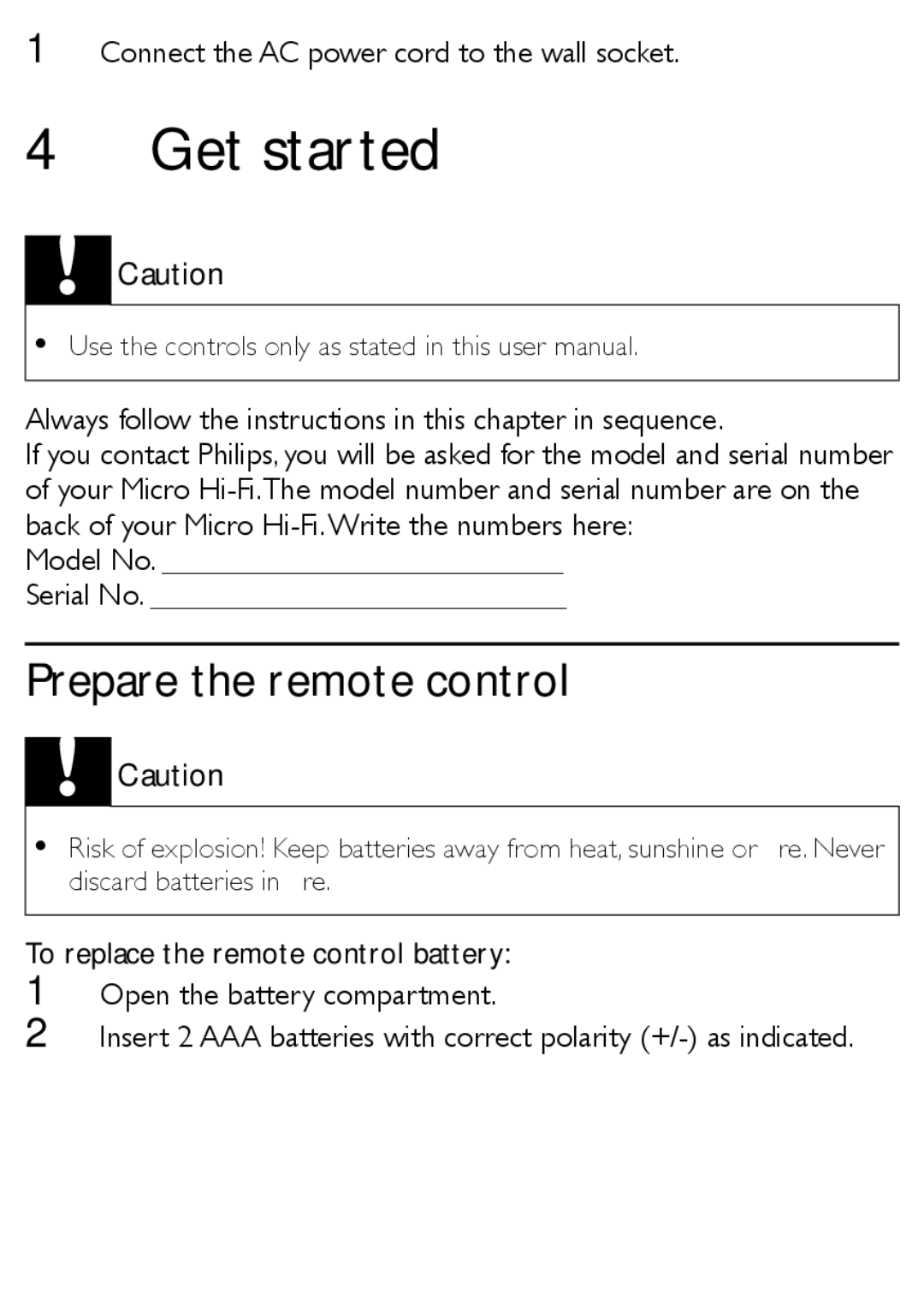 Philips MCM169/12 user manual Get started, Prepare the remote control, Connect the AC power cord to the wall socket 