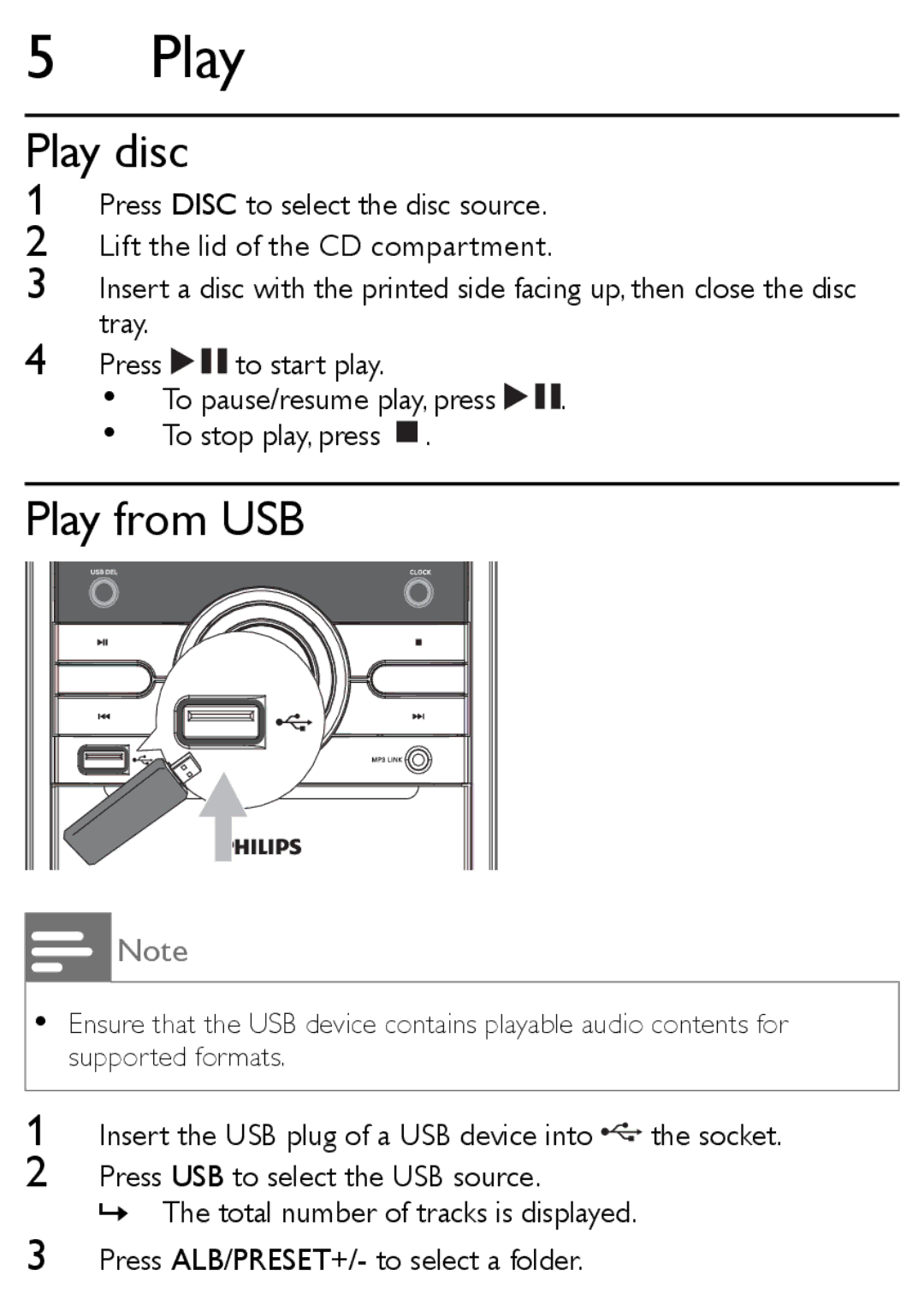 Philips MCM169/12 user manual Play disc, Play from USB 