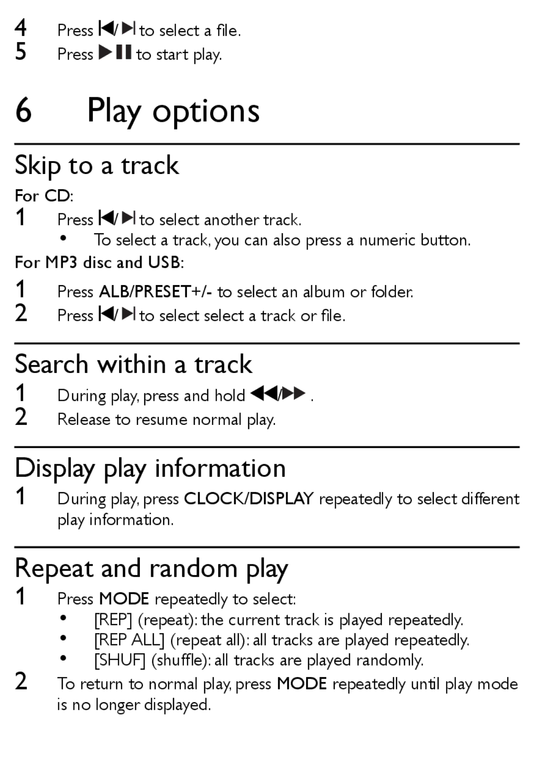 Philips MCM169/12 Play options, Skip to a track, Search within a track, Display play information, Repeat and random play 