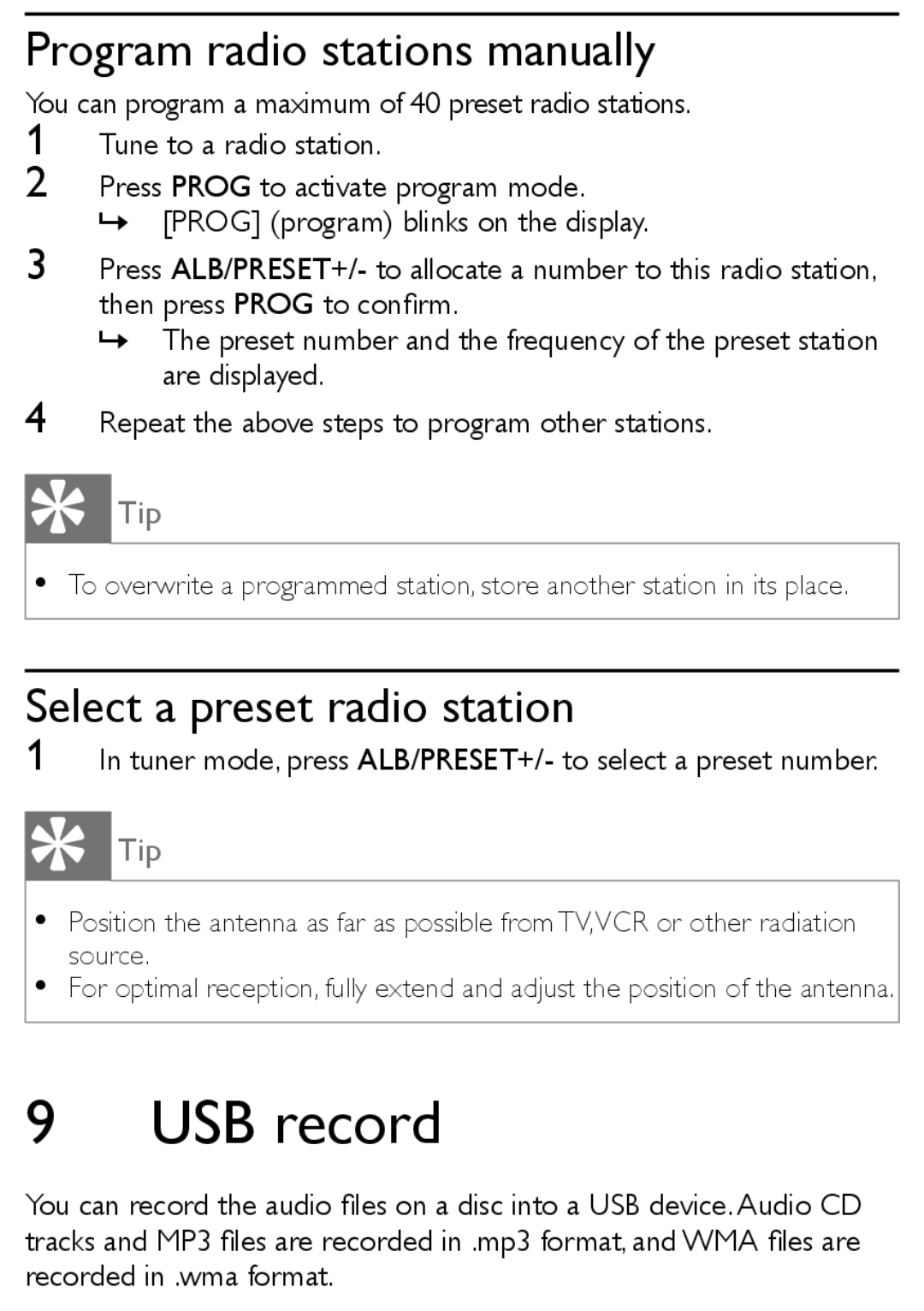 Philips MCM169/12 user manual USB record, Program radio stations manually, Select a preset radio station 