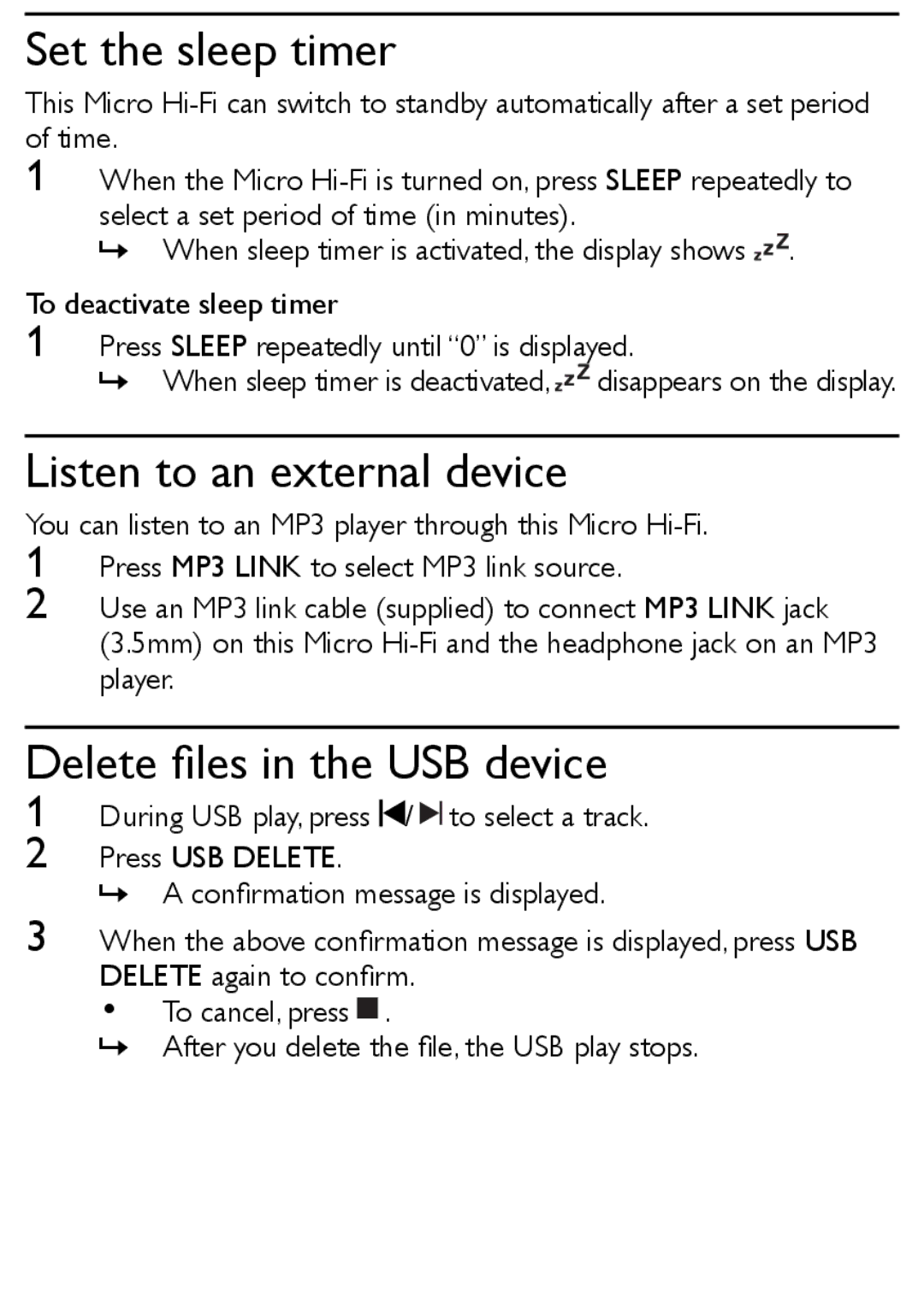 Philips MCM169/12 user manual Set the sleep timer, Listen to an external device, Delete ﬁles in the USB device 