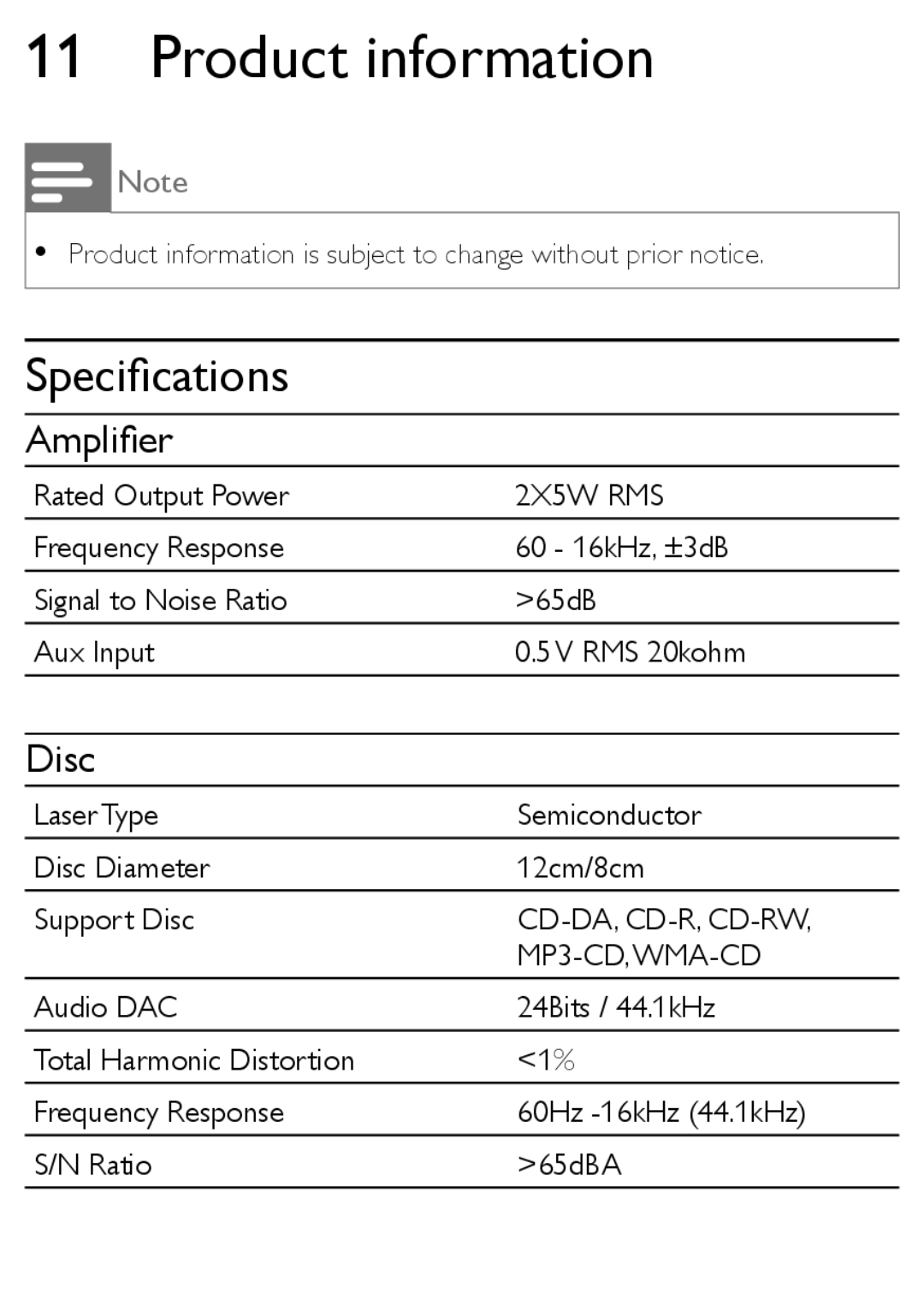 Philips MCM169/12 user manual Product information, Speciﬁcations, Ampliﬁer, Disc, Rated Output Power 