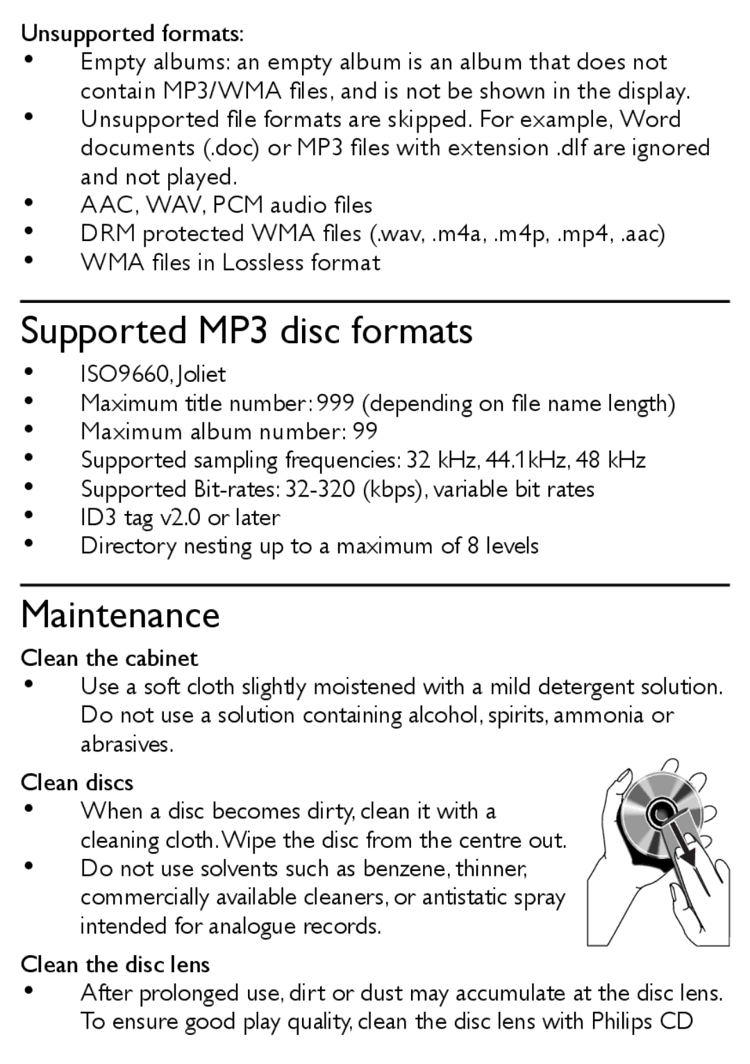 Philips MCM169/12 user manual Supported MP3 disc formats, Maintenance, Unsupported formats, Clean the disc lens 