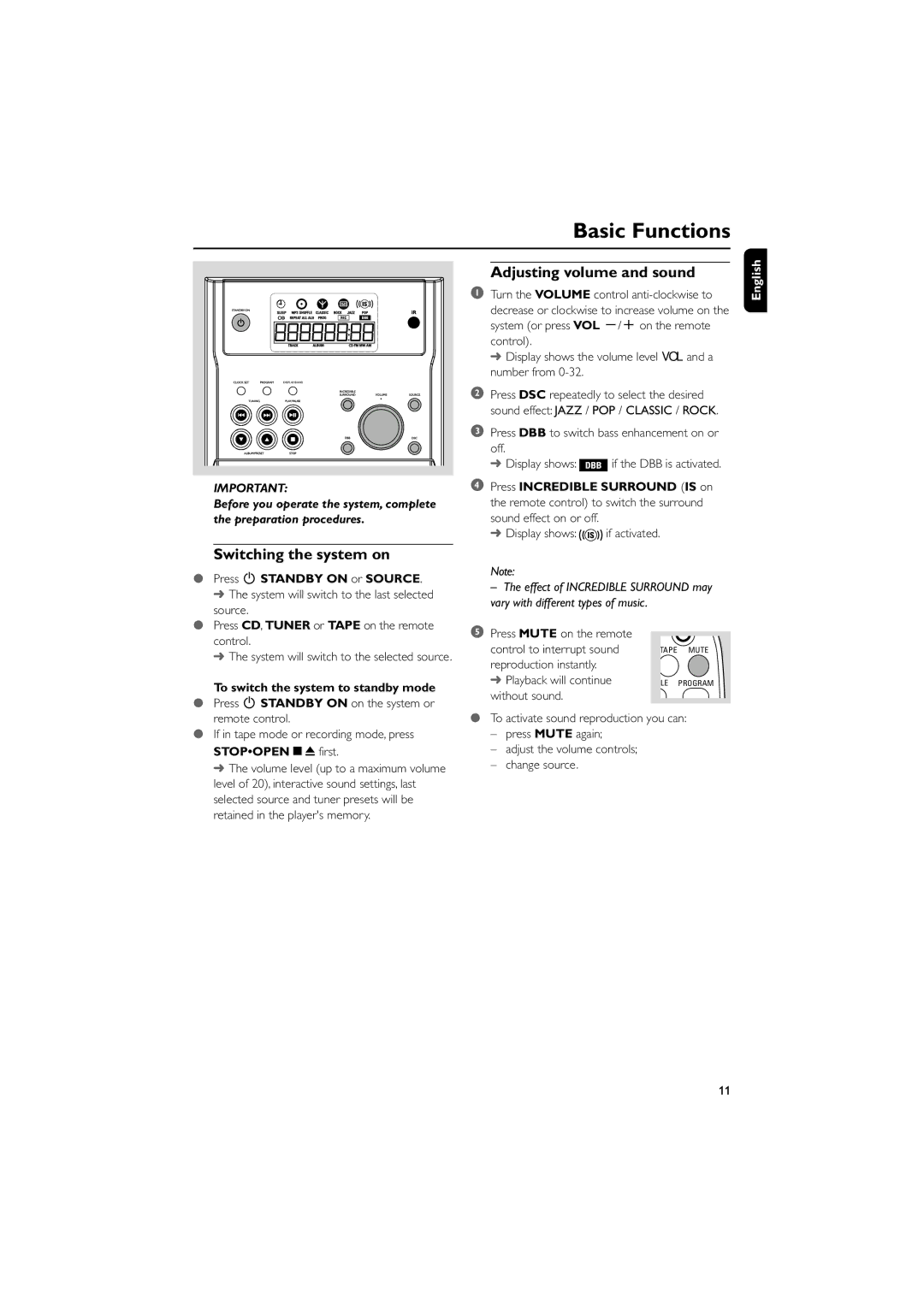 Philips MCM190 Basic Functions, Adjusting volume and sound, Switching the system on, Press 2 Standby on or Source 