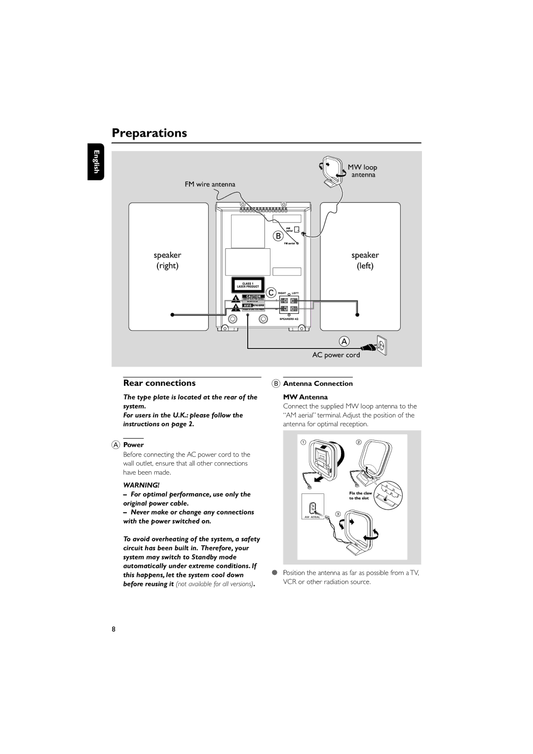 Philips MCM190 user manual Preparations, Rear connections, Power, Antenna Connection MW Antenna 